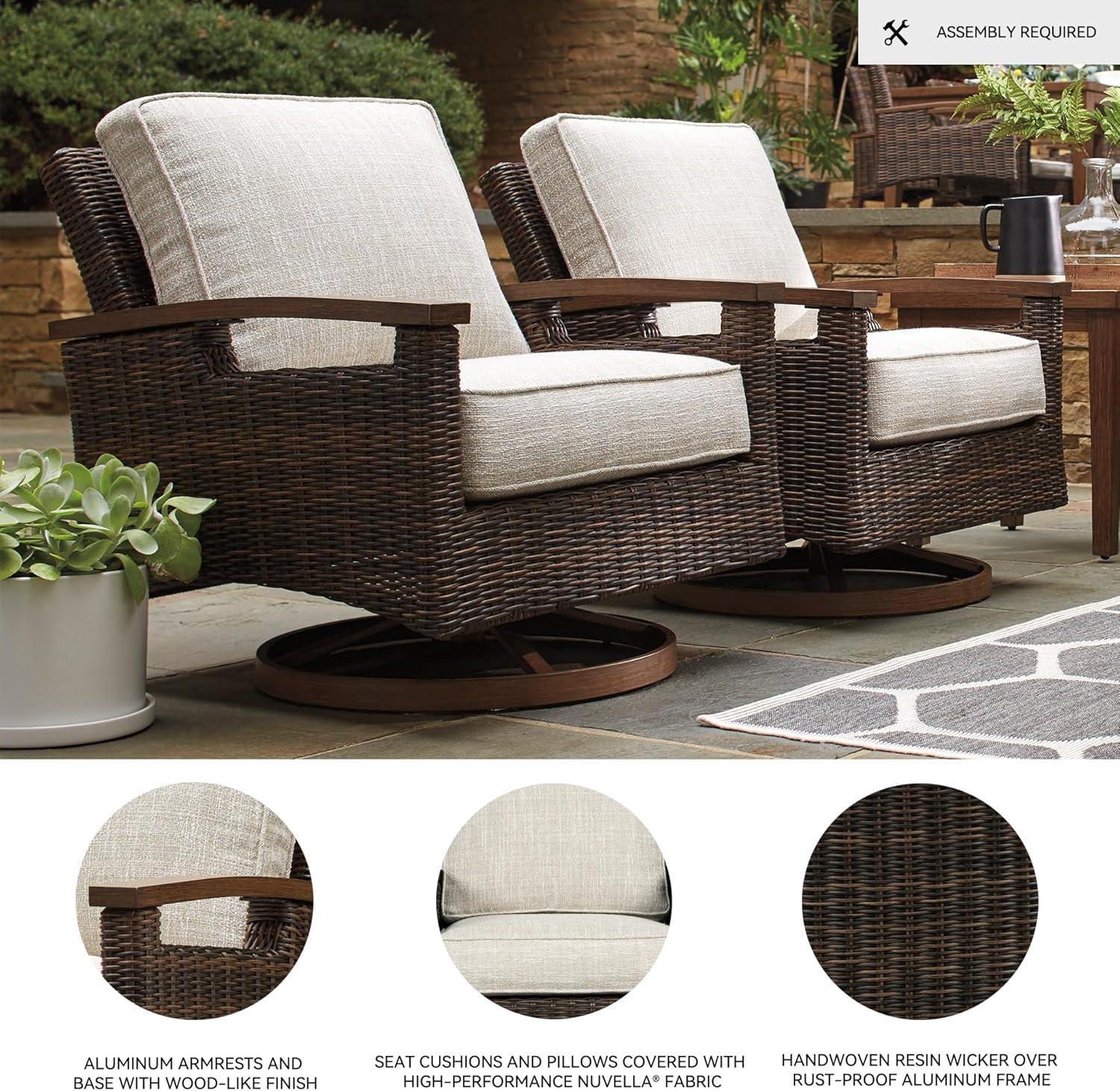 imageSignature Design by Ashley Paradise Trail Outdoor Swivel Upholstered Lounge Chair with All Weather Cushion Set of 2 Cleanable Performance Fabric BeigeSwivel Lounge Chair Set of 2