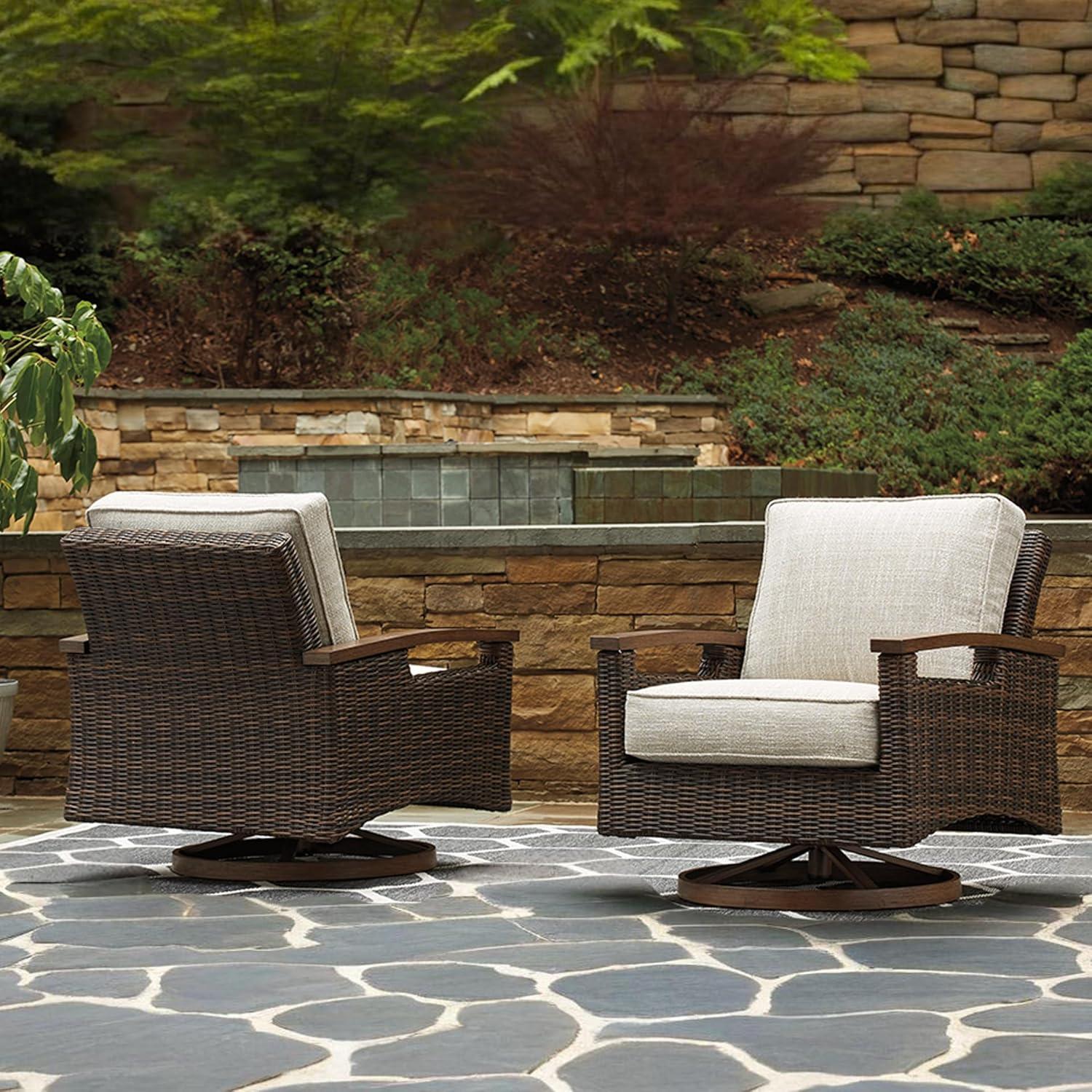 imageSignature Design by Ashley Paradise Trail Outdoor Swivel Upholstered Lounge Chair with All Weather Cushion Set of 2 Cleanable Performance Fabric BeigeSwivel Lounge Chair Set of 2