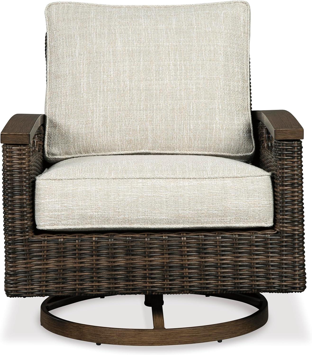 imageSignature Design by Ashley Paradise Trail Outdoor Swivel Upholstered Lounge Chair with All Weather Cushion Set of 2 Cleanable Performance Fabric BeigeSwivel Lounge Chair Set of 2