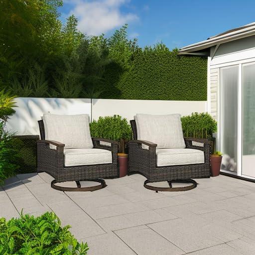 imageSignature Design by Ashley Paradise Trail Outdoor Swivel Upholstered Lounge Chair with All Weather Cushion Set of 2 Cleanable Performance Fabric BeigeSwivel Lounge Chair Set of 2