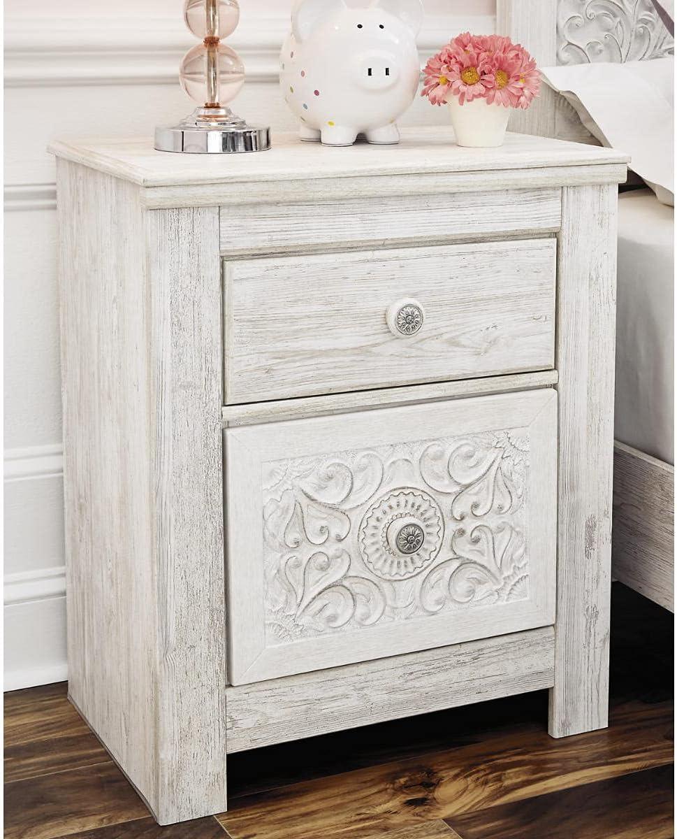imageSignature Design by Ashley Paxberry Boho 2 Drawer Nightstand with 2 SlimProfile USB Charging Ports 2921quot Tall WhitewashWhitewash