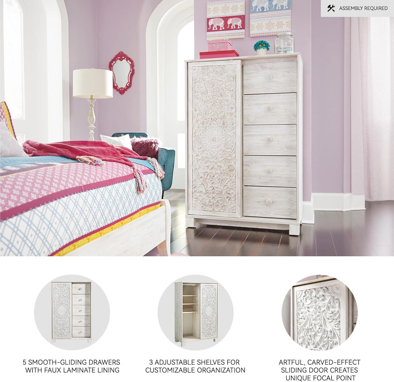 imageSignature Design by Ashley Paxberry Boho 5 Drawer Dressing Chest with Slider Door ampamp 3 Adjustable Shelves WhitewashWhitewash