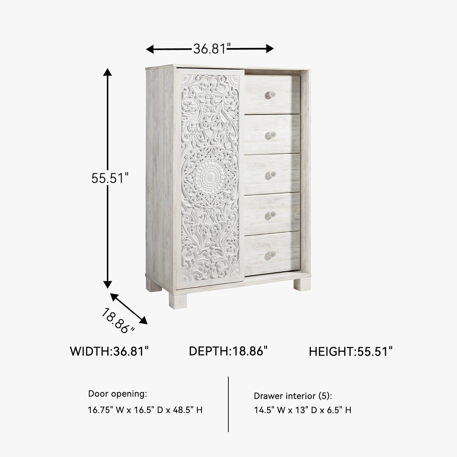 imageSignature Design by Ashley Paxberry Boho 5 Drawer Dressing Chest with Slider Door ampamp 3 Adjustable Shelves WhitewashWhitewash