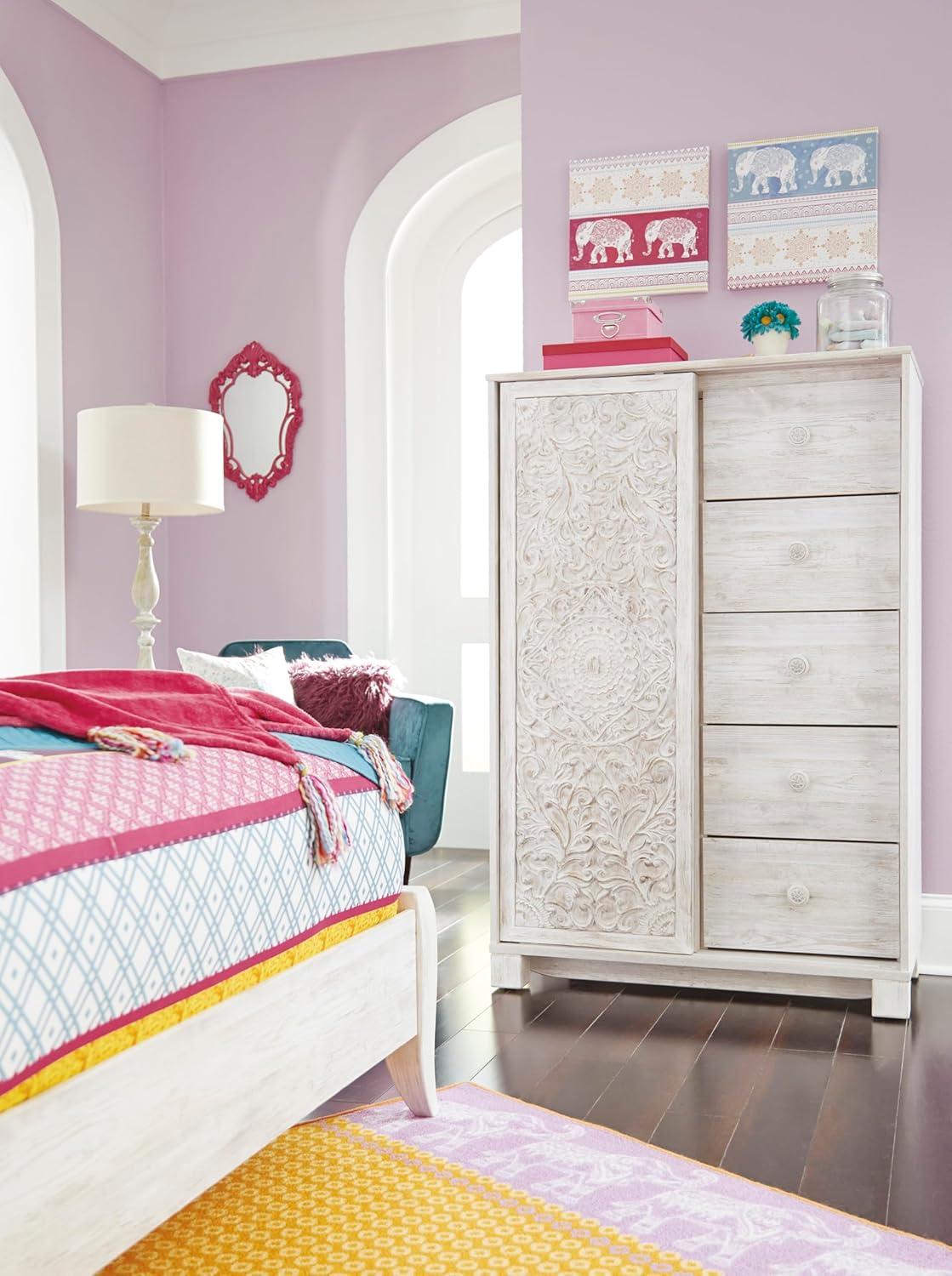 imageSignature Design by Ashley Paxberry Boho 5 Drawer Dressing Chest with Slider Door ampamp 3 Adjustable Shelves WhitewashWhitewash