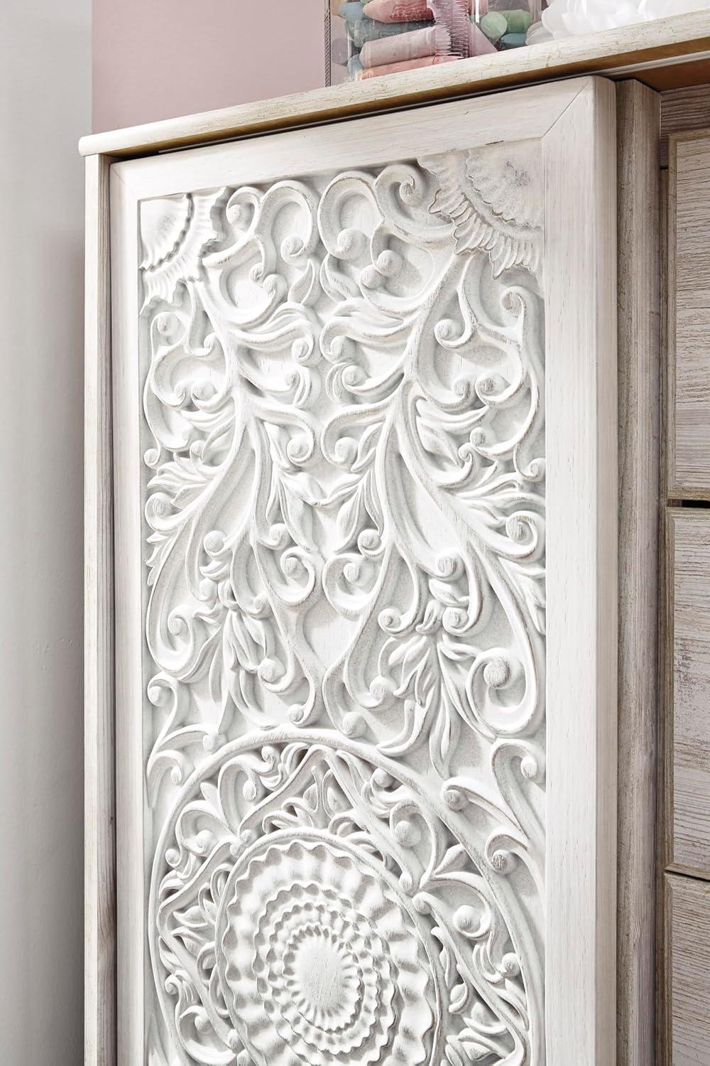 imageSignature Design by Ashley Paxberry Boho 5 Drawer Dressing Chest with Slider Door ampamp 3 Adjustable Shelves WhitewashWhitewash