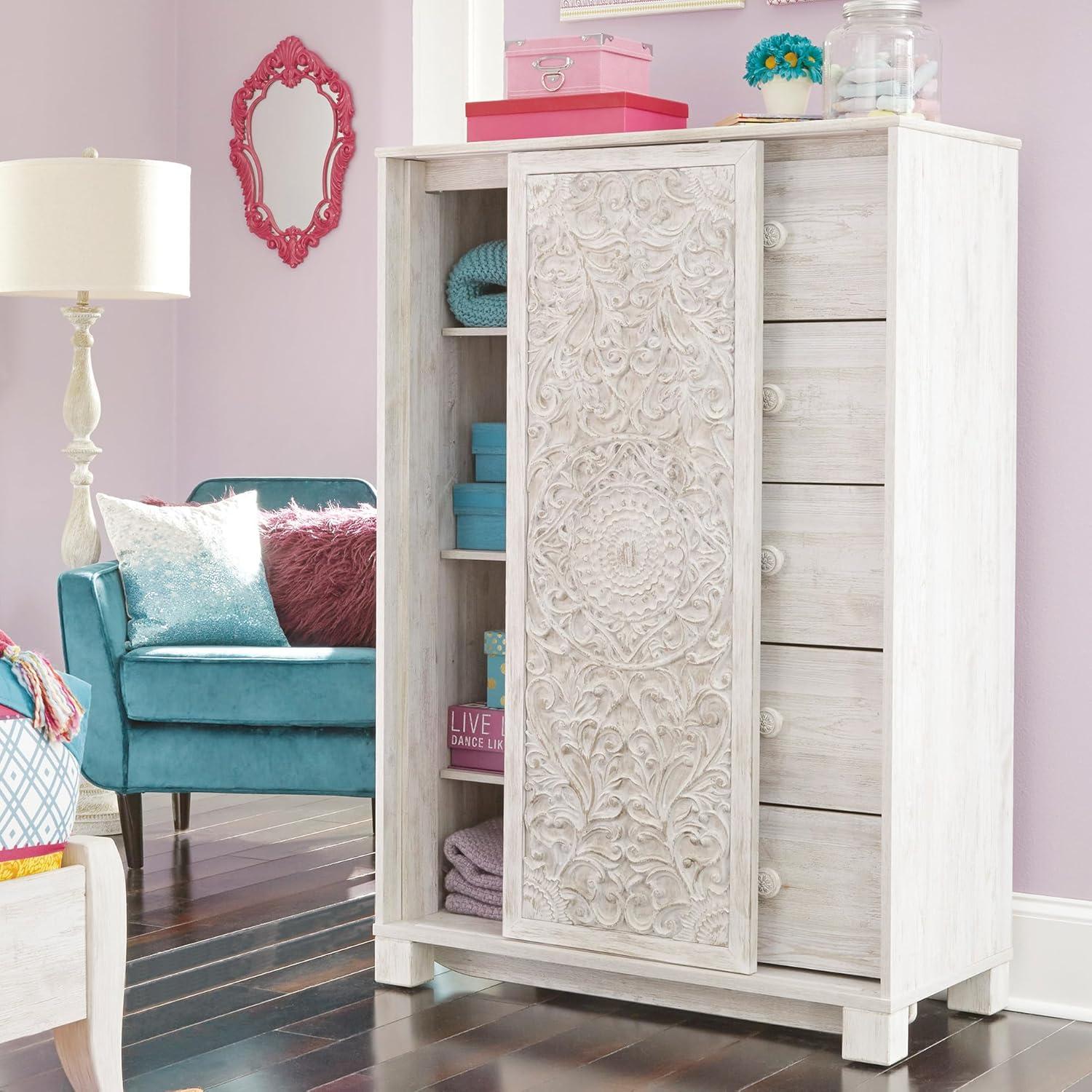 imageSignature Design by Ashley Paxberry Boho 5 Drawer Dressing Chest with Slider Door ampamp 3 Adjustable Shelves WhitewashWhitewash