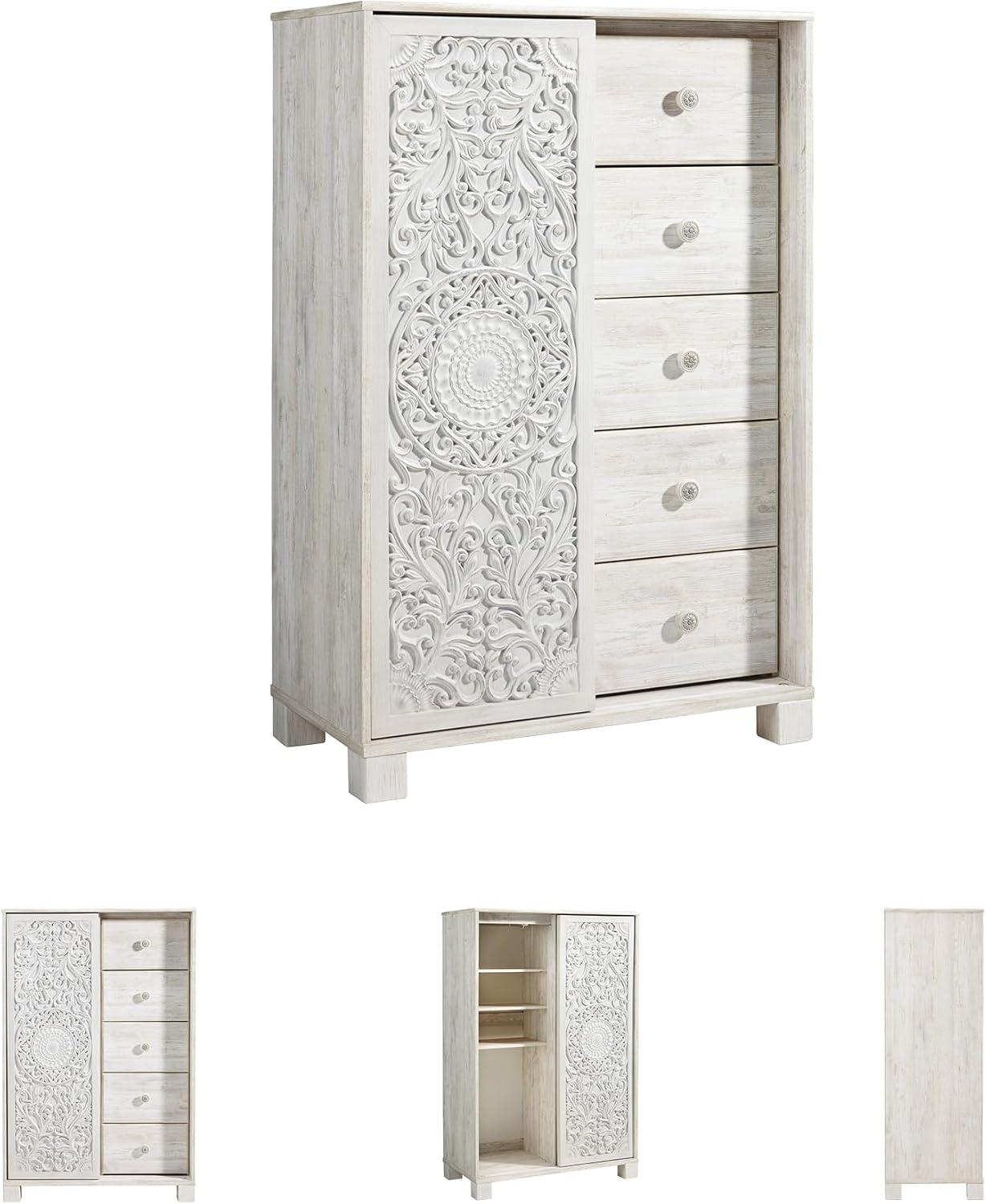 imageSignature Design by Ashley Paxberry Boho 5 Drawer Dressing Chest with Slider Door ampamp 3 Adjustable Shelves WhitewashWhitewash