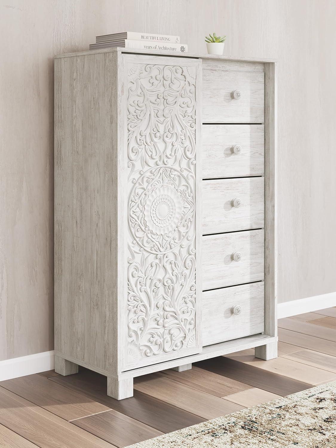 imageSignature Design by Ashley Paxberry Boho 5 Drawer Dressing Chest with Slider Door ampamp 3 Adjustable Shelves WhitewashWhitewash