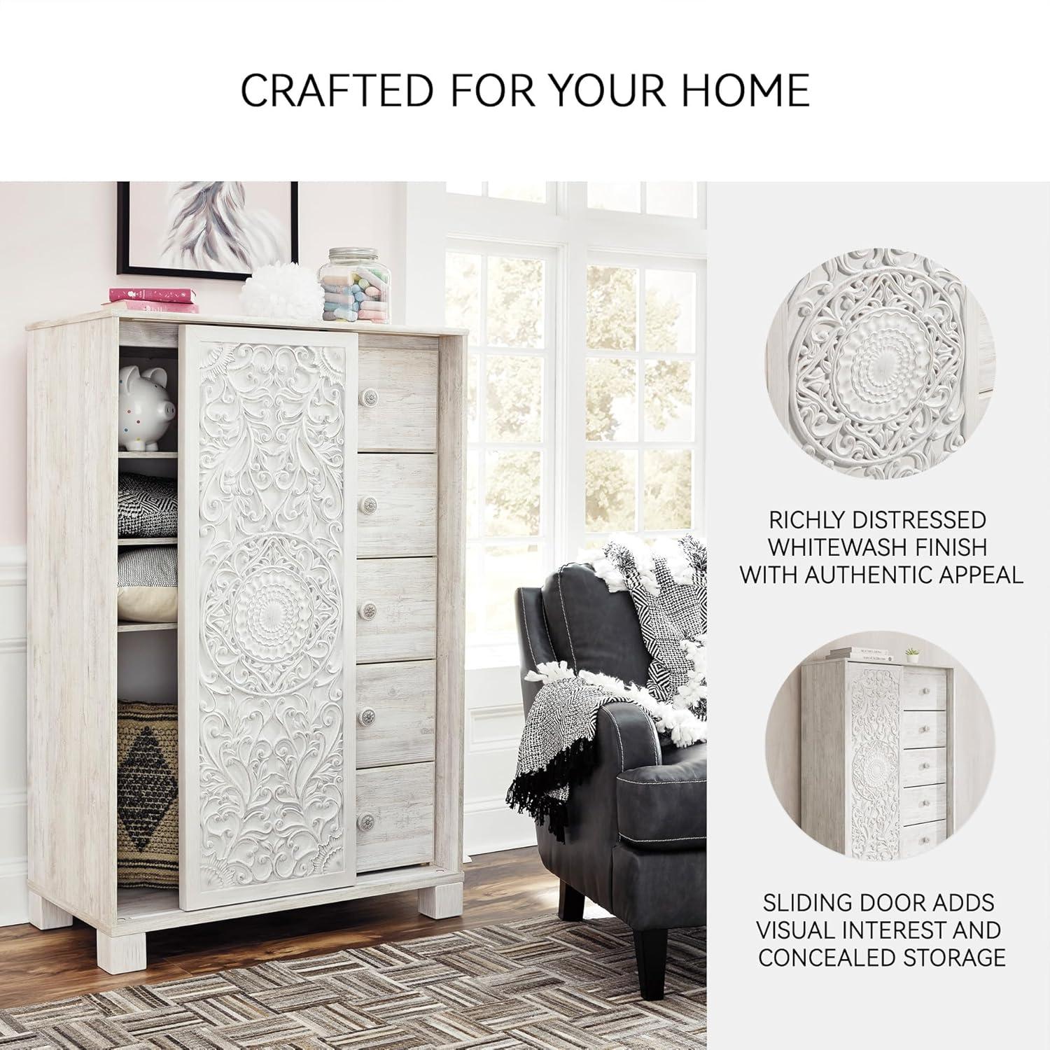 imageSignature Design by Ashley Paxberry Boho 5 Drawer Dressing Chest with Slider Door ampamp 3 Adjustable Shelves WhitewashWhitewash