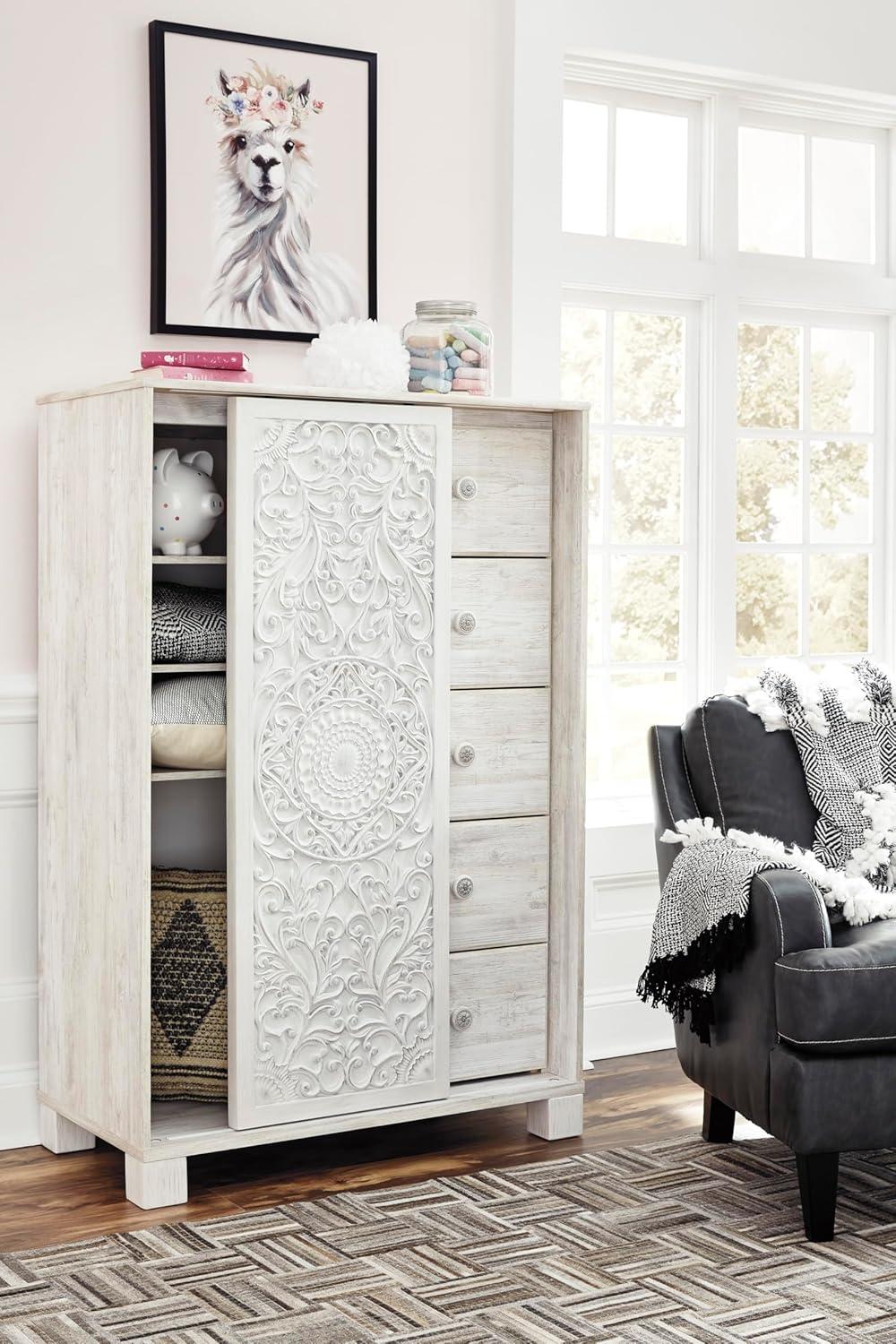 imageSignature Design by Ashley Paxberry Boho 5 Drawer Dressing Chest with Slider Door ampamp 3 Adjustable Shelves WhitewashWhitewash