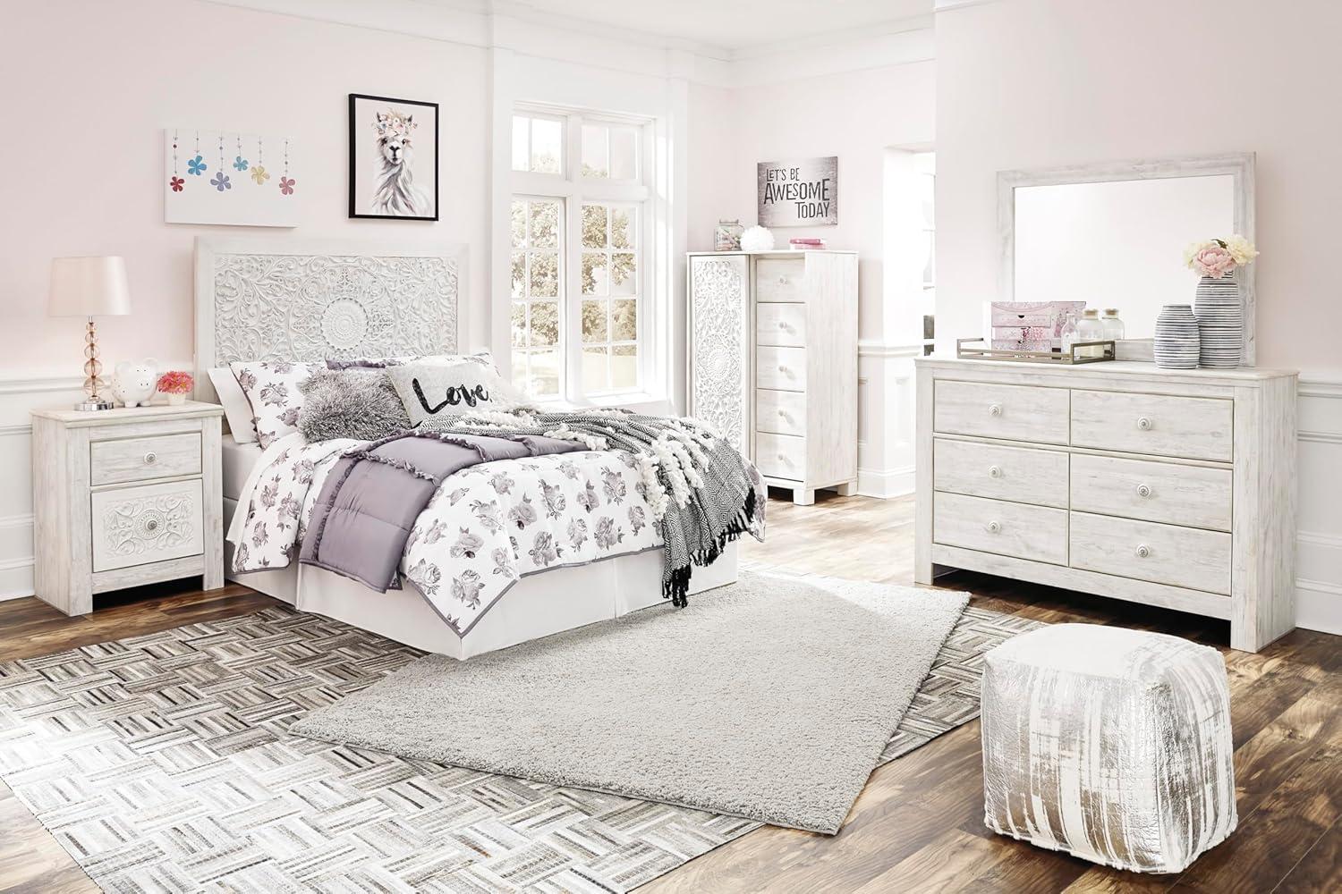 imageSignature Design by Ashley Paxberry Boho 5 Drawer Dressing Chest with Slider Door ampamp 3 Adjustable Shelves WhitewashWhitewash