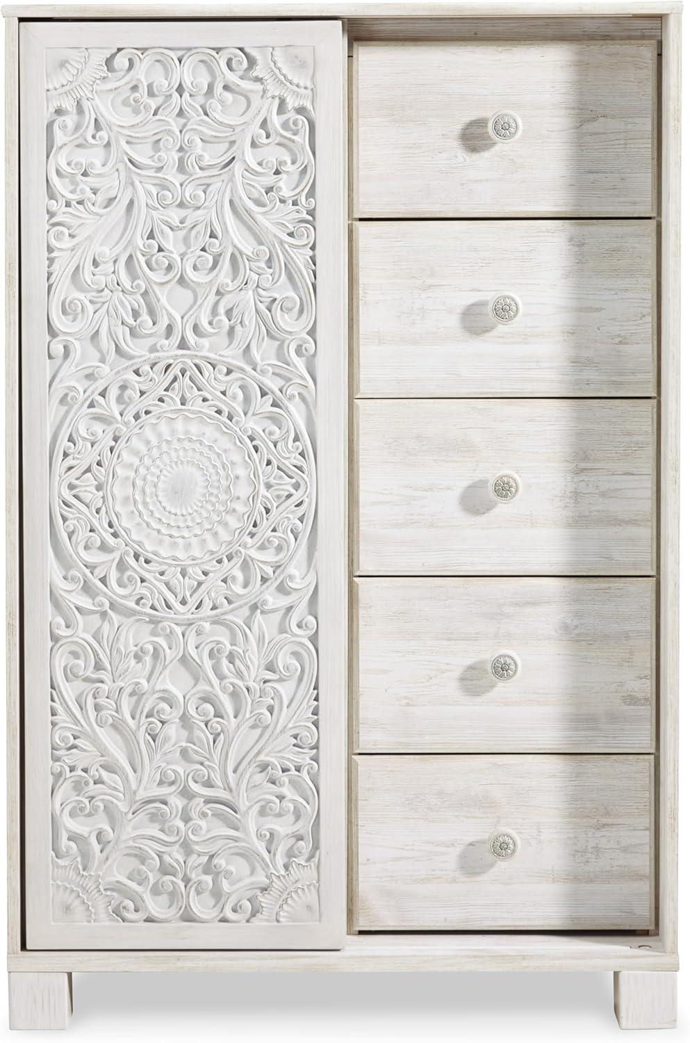 imageSignature Design by Ashley Paxberry Boho 5 Drawer Dressing Chest with Slider Door ampamp 3 Adjustable Shelves WhitewashWhitewash