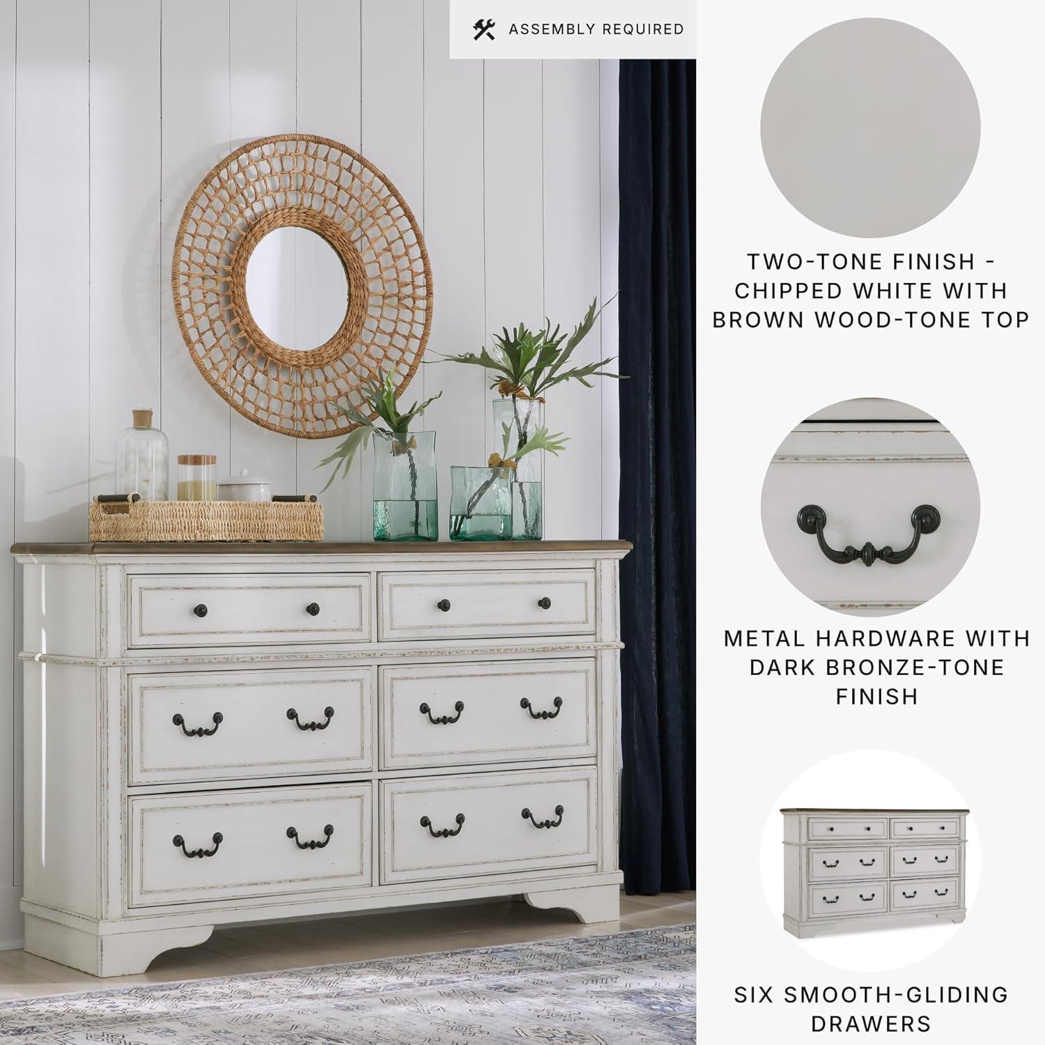 imageSignature Design by Ashley Paxberry Boho 6 Drawer Dresser Smoothgliding Faux Laminate Lined Drawers Wood 6126quot W x 1583quot D x 40quot H WhitewashTwotone