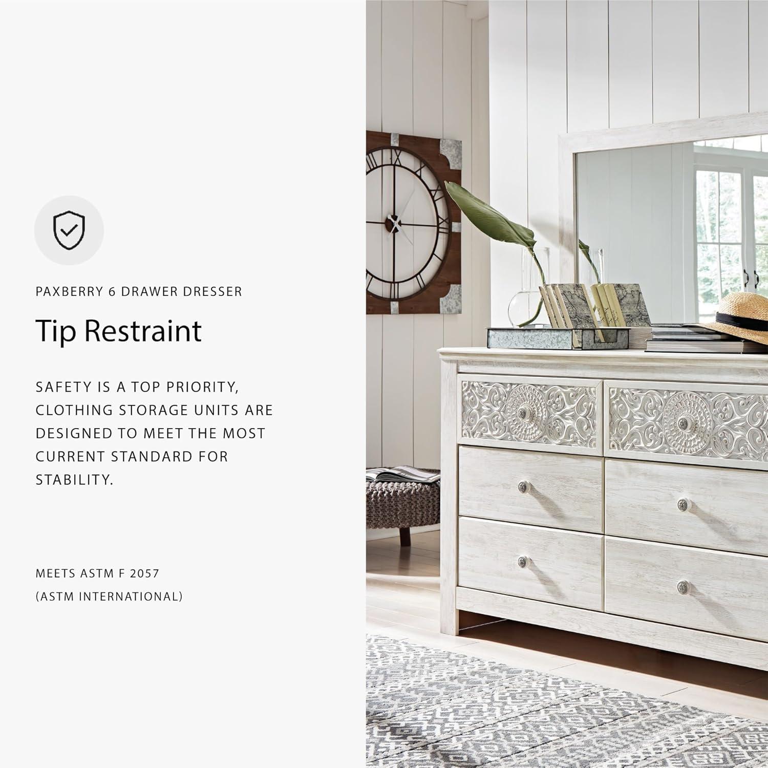 imageSignature Design by Ashley Paxberry Boho 6 Drawer Dresser Smoothgliding Faux Laminate Lined Drawers Wood 6126quot W x 1583quot D x 40quot H WhitewashWhitewash