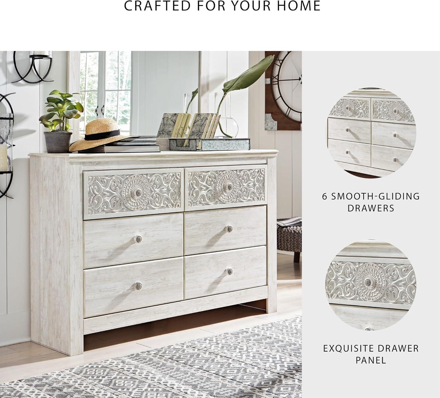 imageSignature Design by Ashley Paxberry Boho 6 Drawer Dresser Smoothgliding Faux Laminate Lined Drawers Wood 6126quot W x 1583quot D x 40quot H WhitewashWhitewash