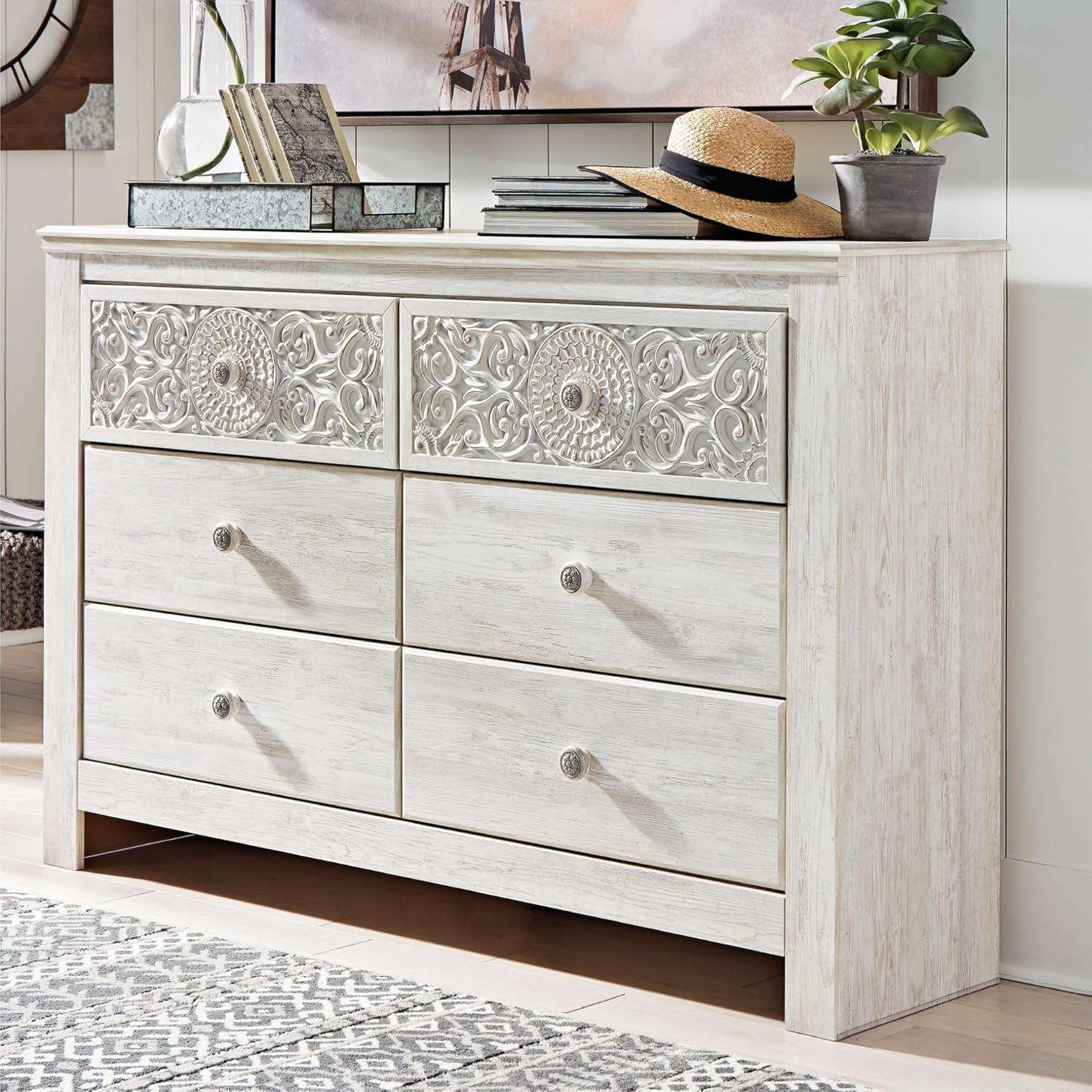 imageSignature Design by Ashley Paxberry Boho 6 Drawer Dresser Smoothgliding Faux Laminate Lined Drawers Wood 6126quot W x 1583quot D x 40quot H WhitewashWhitewash