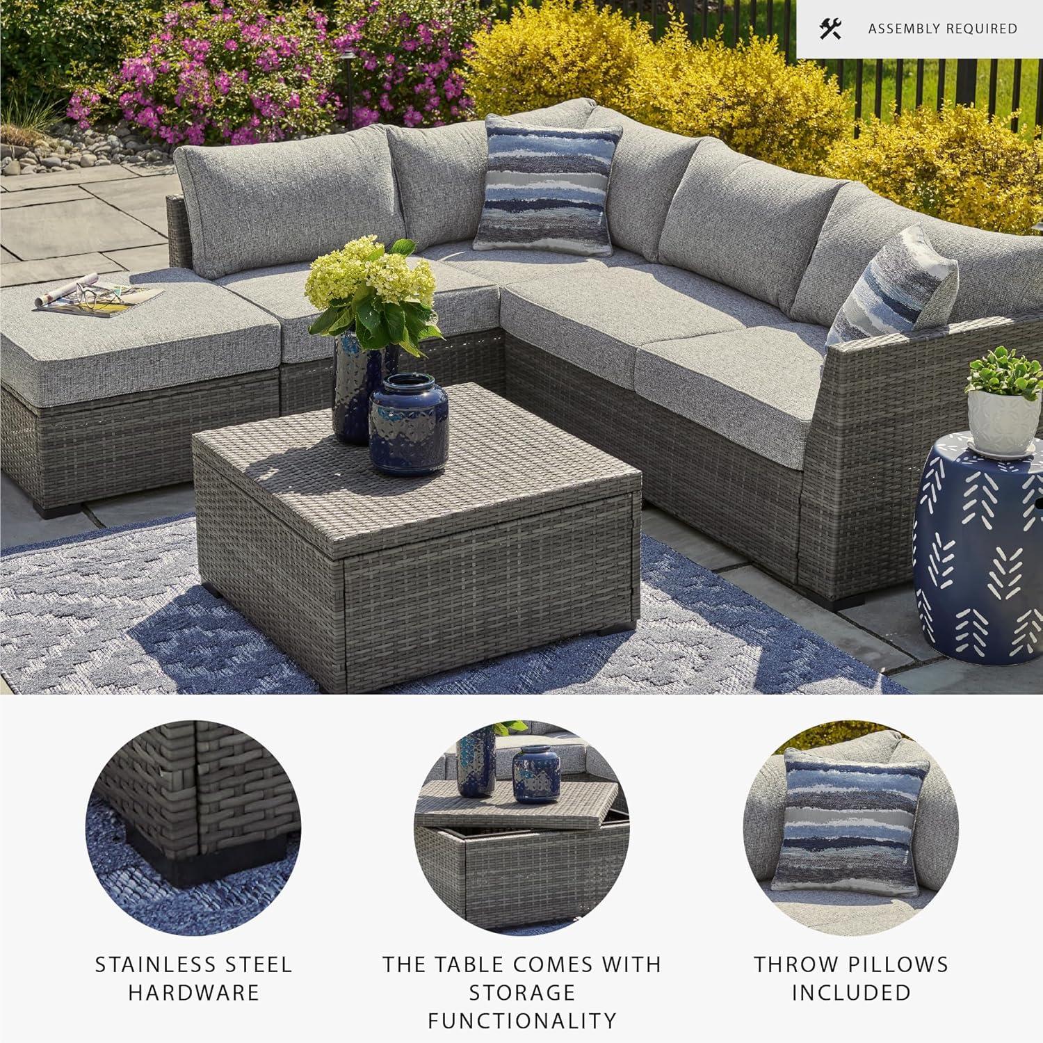 imageSignature Design by Ashley Petal Road Casual Nuvella Weather Resistant Fabric Cushioned Outdoor Loveseat SectionalOttomanTable Set with 2 Throw Pillows Set of 4 Gray
