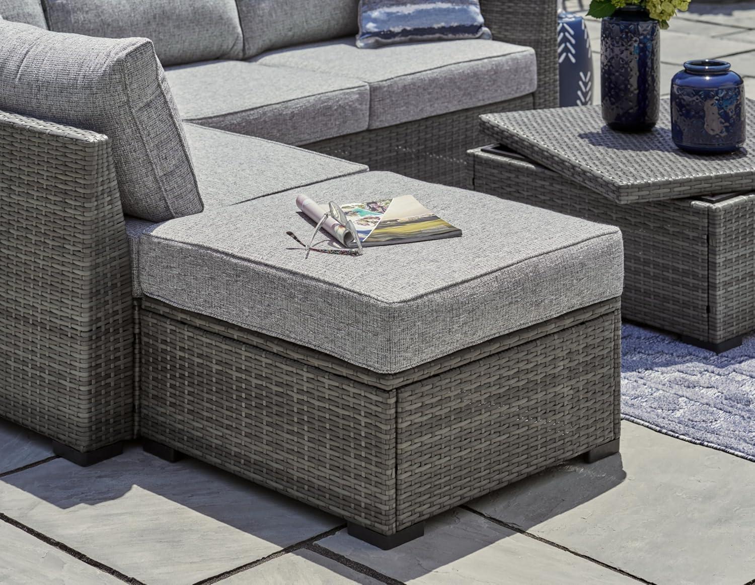 imageSignature Design by Ashley Petal Road Casual Nuvella Weather Resistant Fabric Cushioned Outdoor Loveseat SectionalOttomanTable Set with 2 Throw Pillows Set of 4 Gray