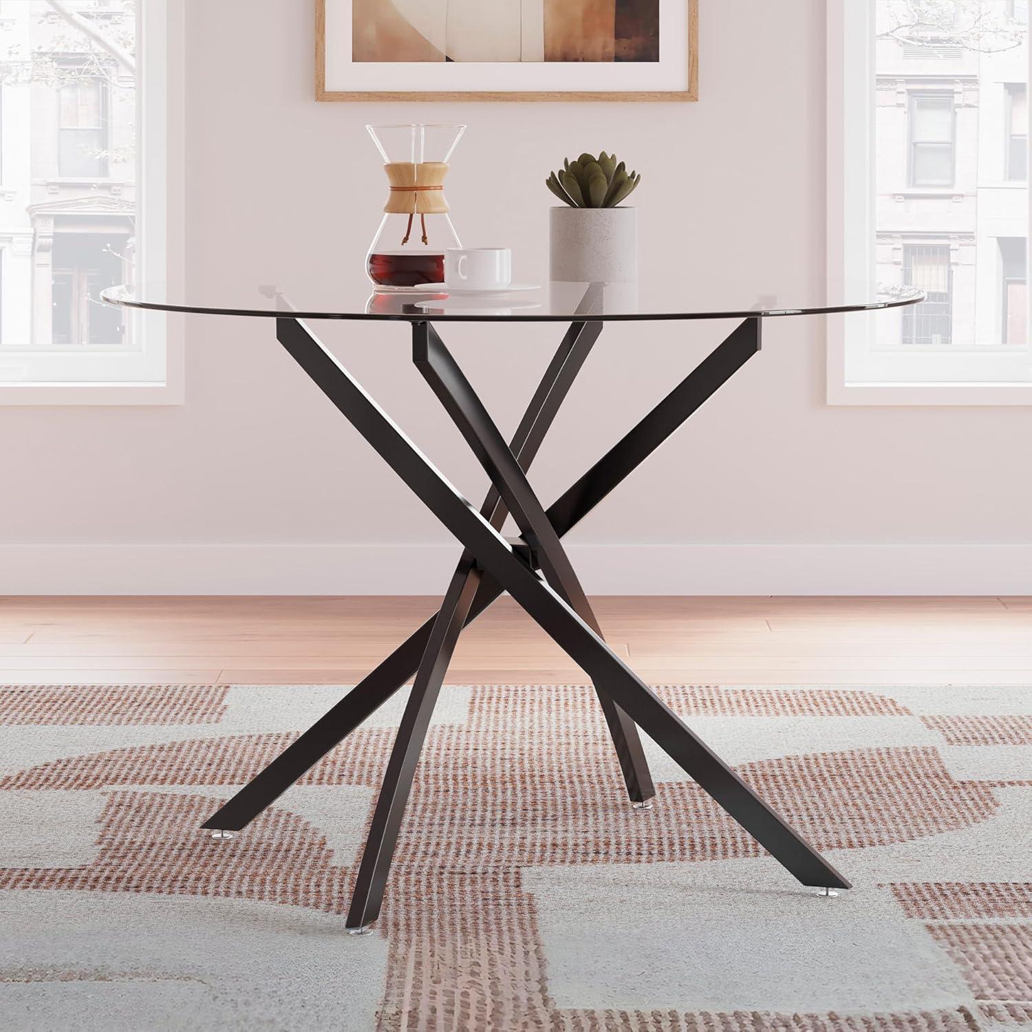 imageSignature Design by Ashley Pharwynn Modern Glass Tabletop Dining Table with CrossShaped Base Black