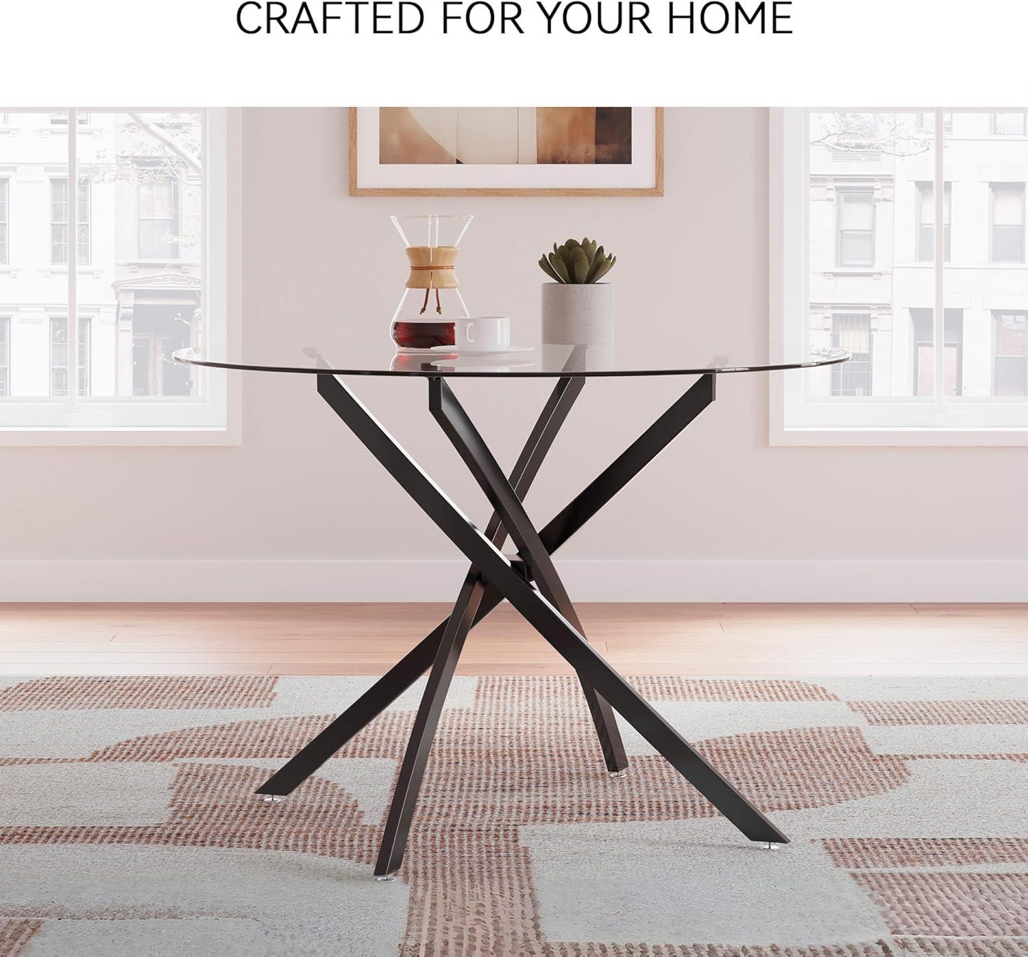 imageSignature Design by Ashley Pharwynn Modern Glass Tabletop Dining Table with CrossShaped Base Black