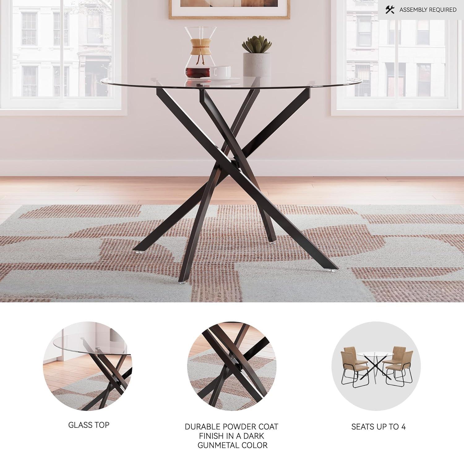 imageSignature Design by Ashley Pharwynn Modern Glass Tabletop Dining Table with CrossShaped Base Black