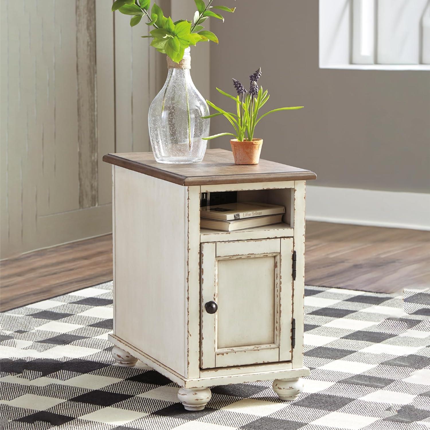 imageSignature Design by Ashley Realyn Farmhouse Chair Side End Table with Cabinet For Storage Antique White ampamp BrownDoor Front