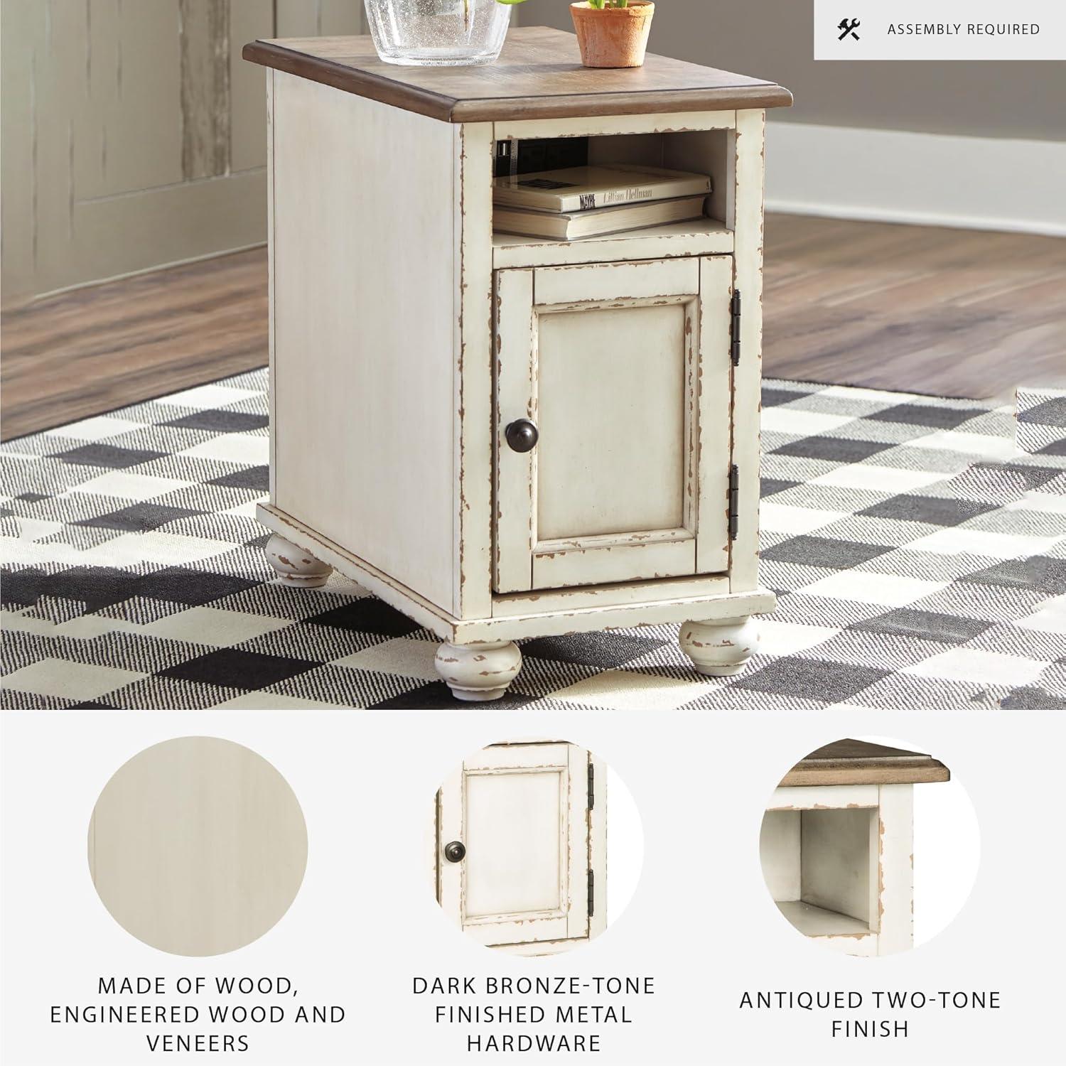 imageSignature Design by Ashley Realyn Farmhouse Chair Side End Table with Cabinet For Storage Antique White ampamp BrownDoor Front