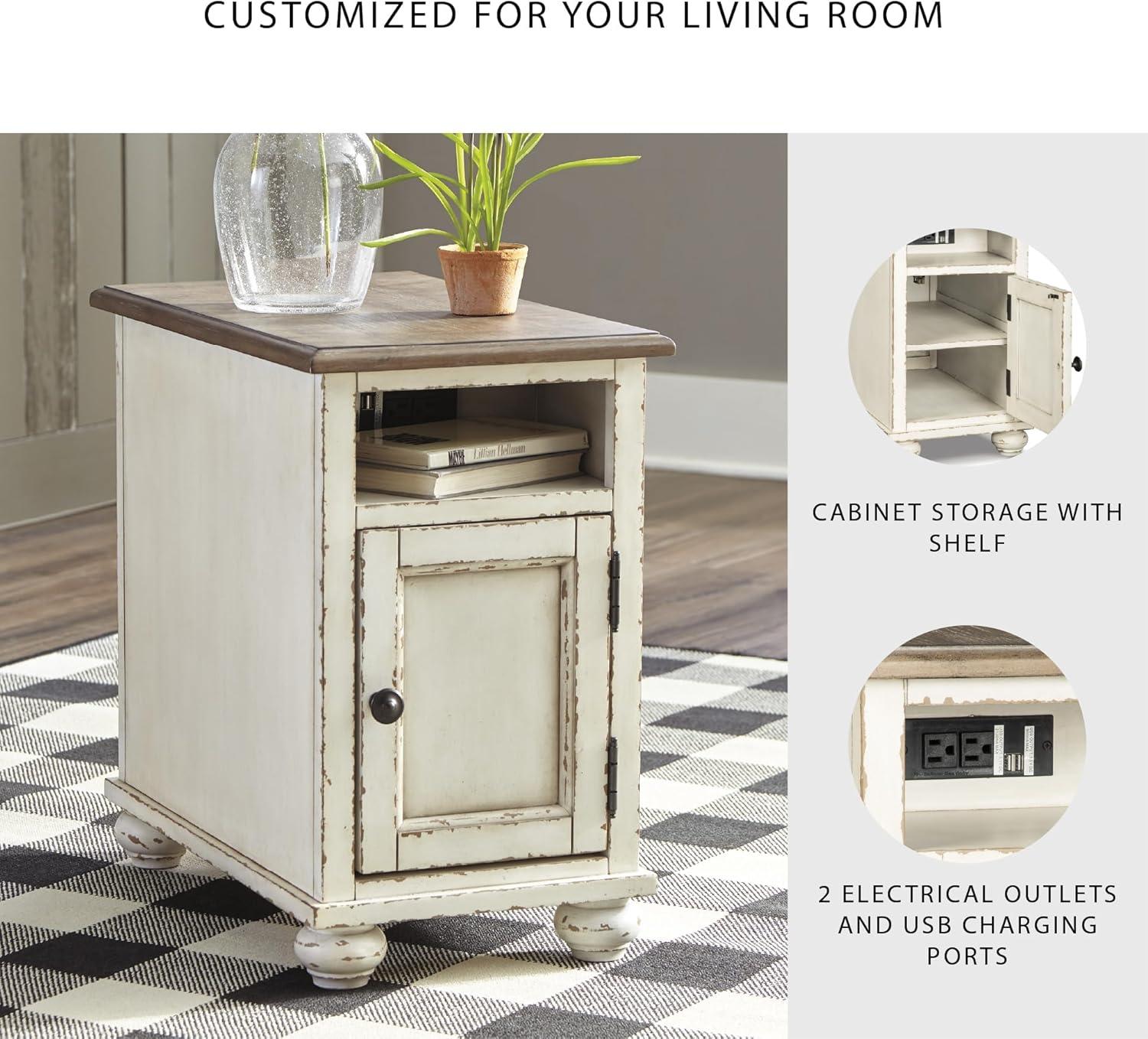 imageSignature Design by Ashley Realyn Farmhouse Chair Side End Table with Cabinet For Storage Antique White ampamp BrownDoor Front