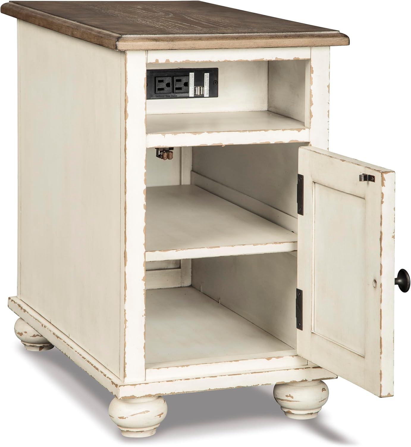 imageSignature Design by Ashley Realyn Farmhouse Chair Side End Table with Cabinet For Storage Antique White ampamp BrownDoor Front
