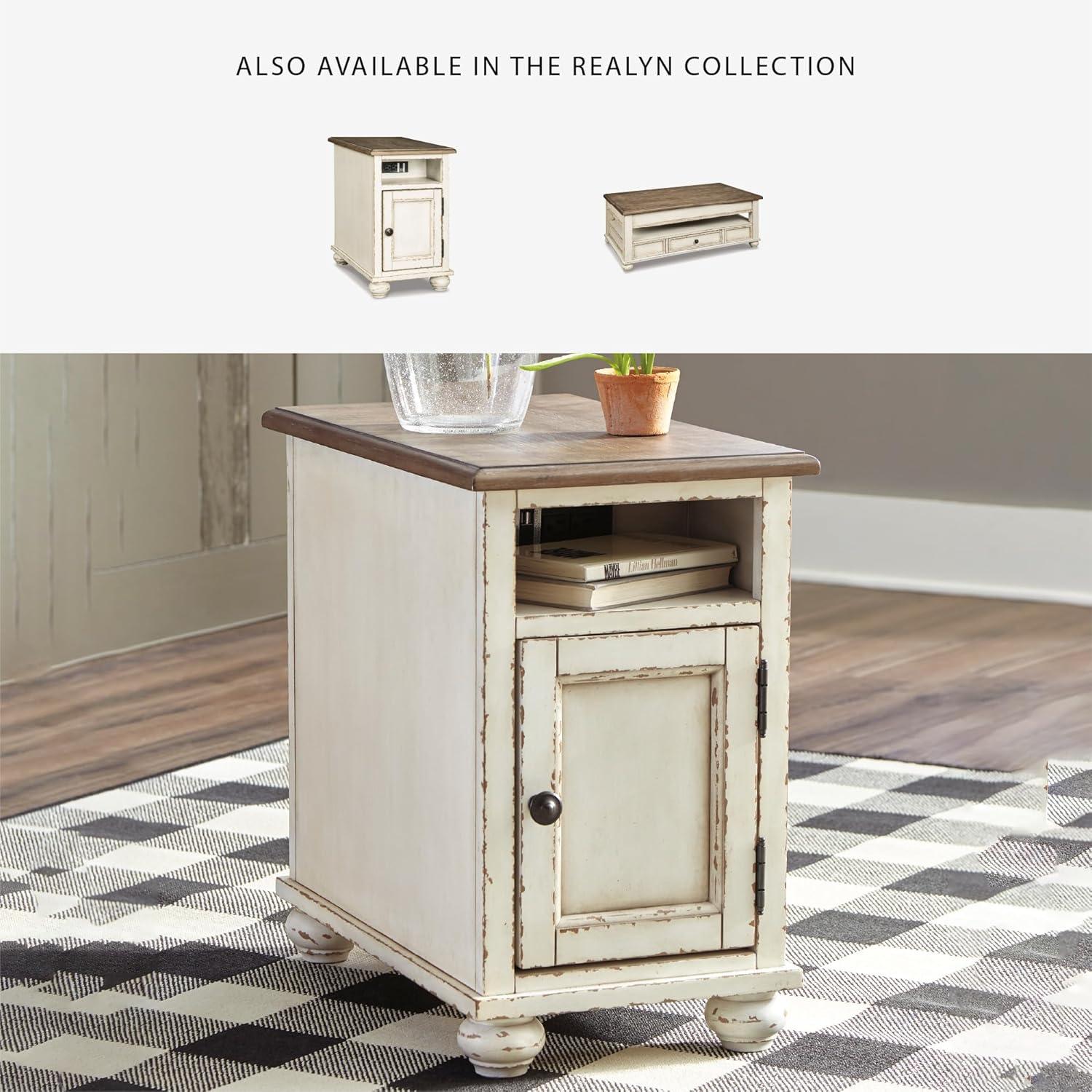 imageSignature Design by Ashley Realyn Farmhouse Chair Side End Table with Cabinet For Storage Antique White ampamp BrownDoor Front
