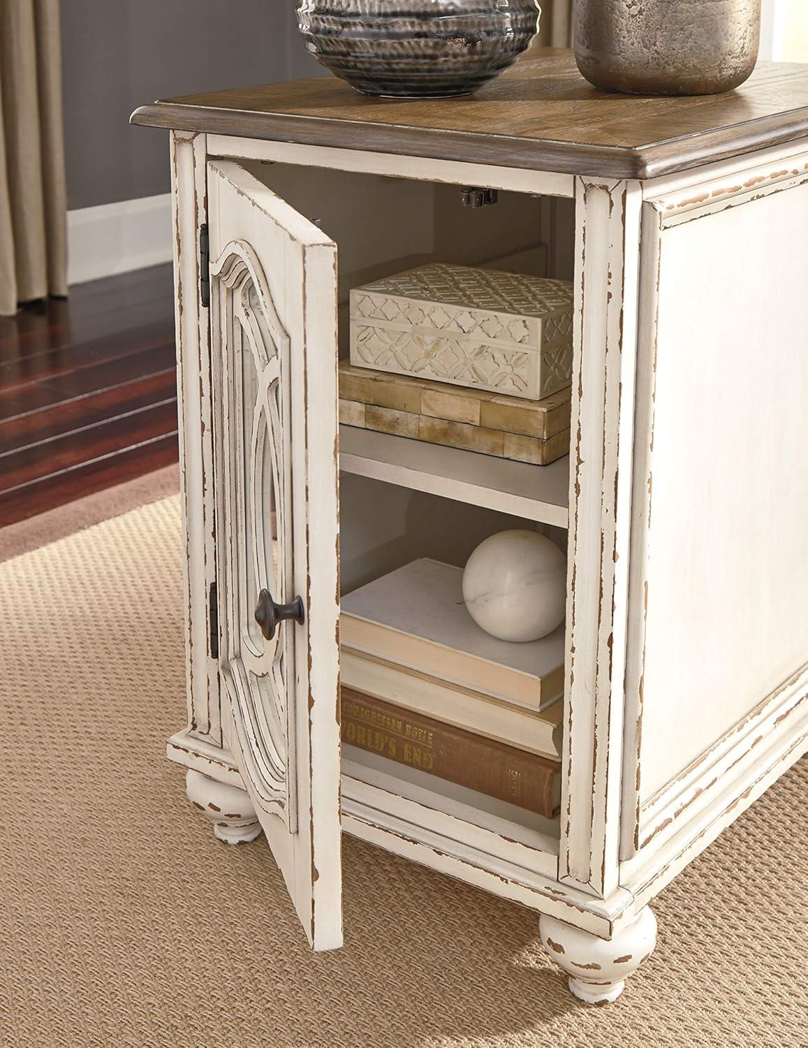 imageSignature Design by Ashley Realyn Farmhouse Chair Side End Table with Cabinet For Storage Antique White ampamp BrownMirror Front