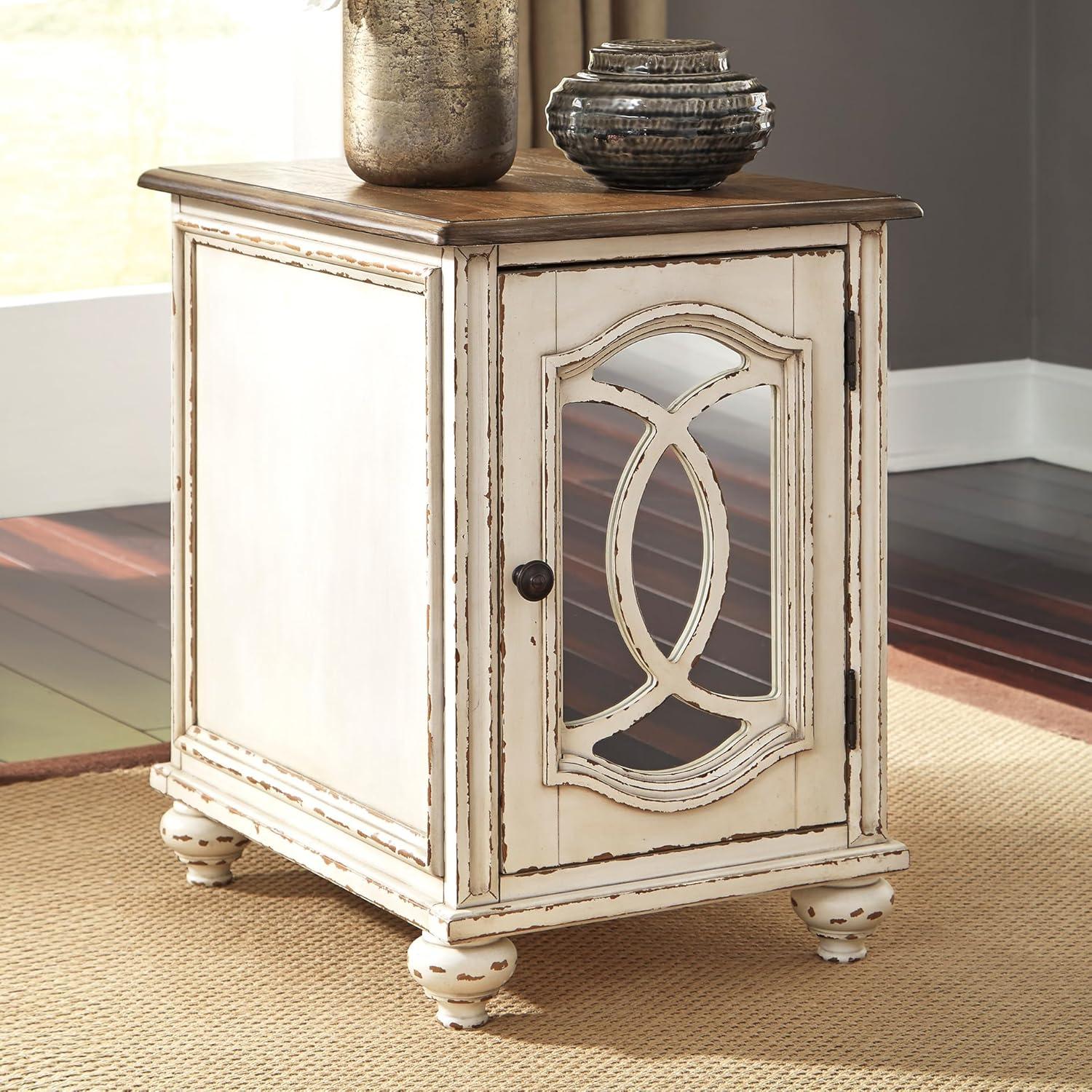 imageSignature Design by Ashley Realyn Farmhouse Chair Side End Table with Cabinet For Storage Antique White ampamp BrownMirror Front