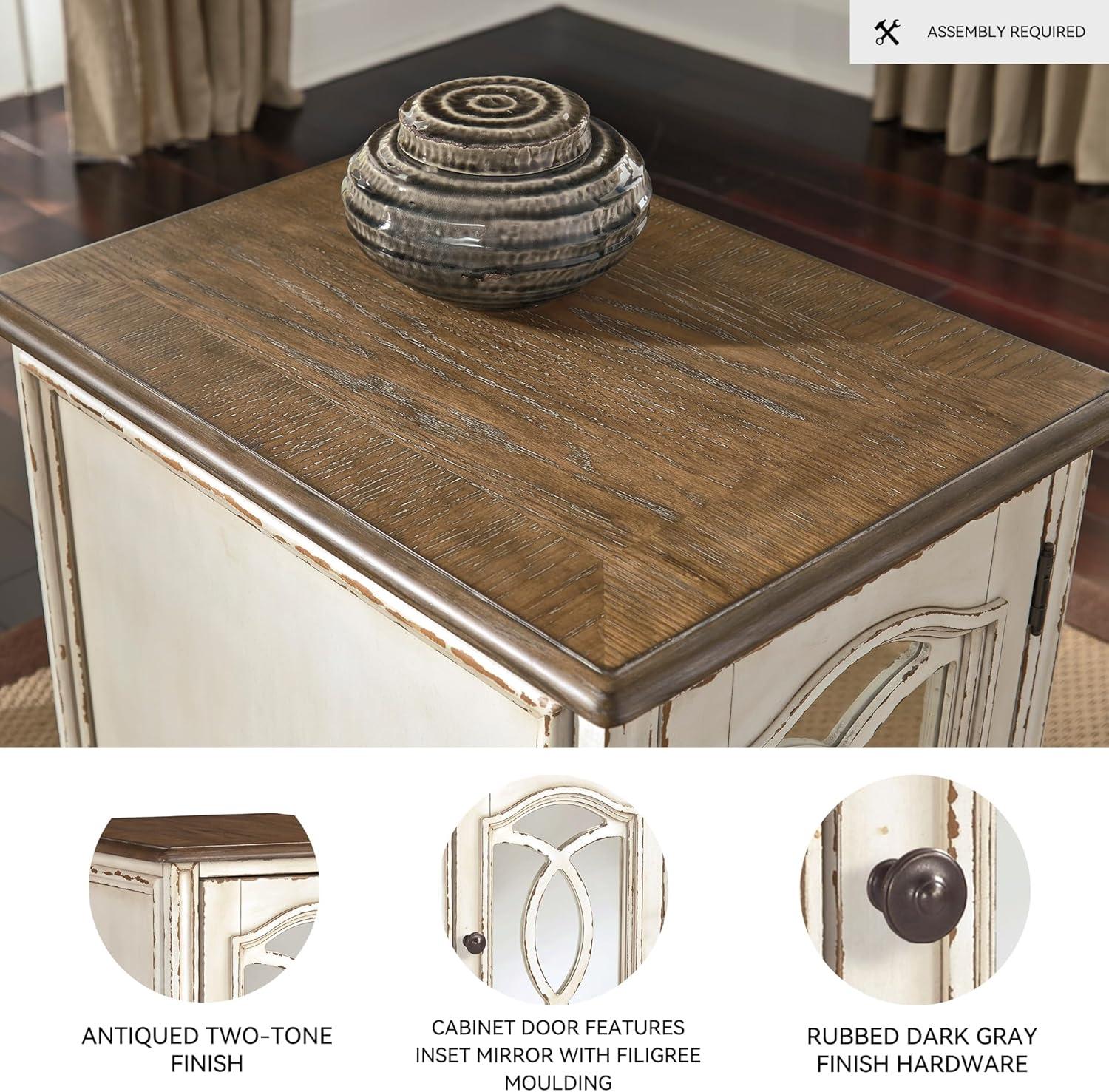 imageSignature Design by Ashley Realyn Farmhouse Chair Side End Table with Cabinet For Storage Antique White ampamp BrownMirror Front