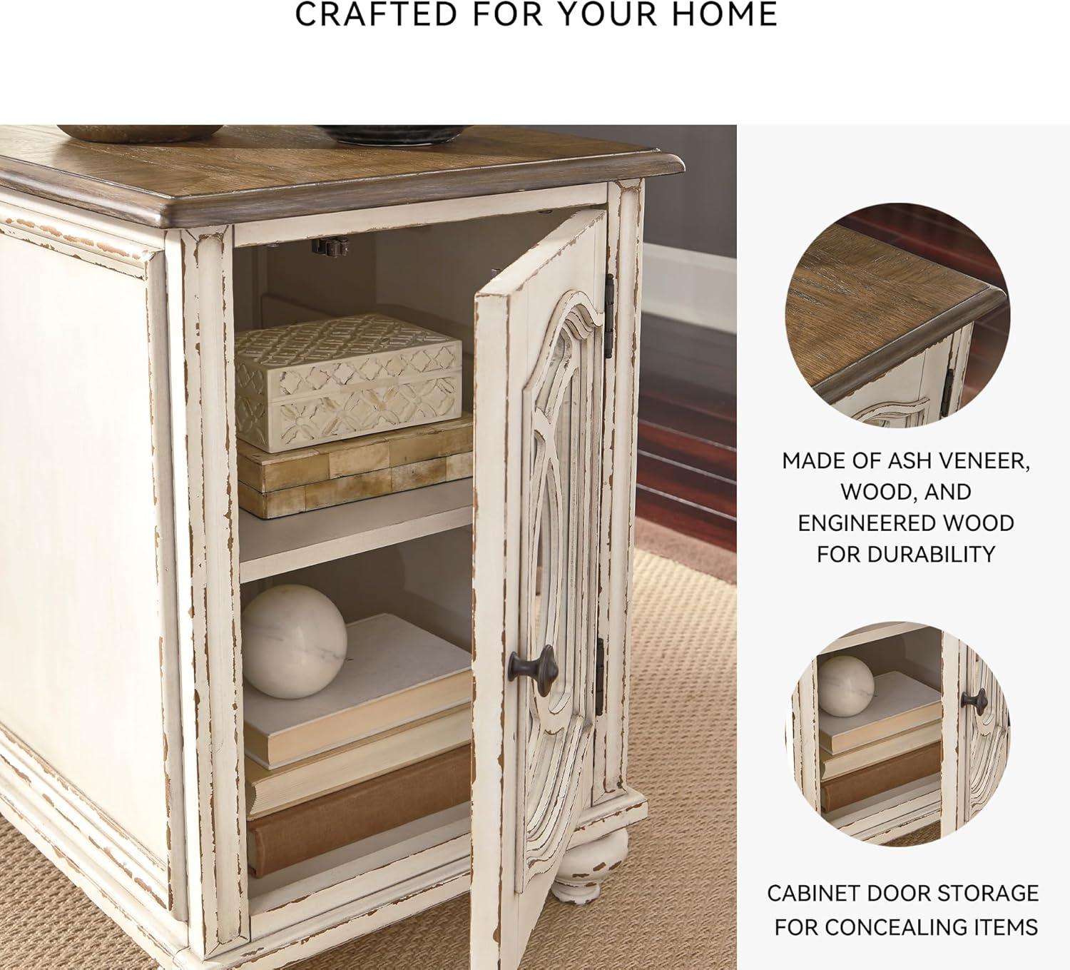 imageSignature Design by Ashley Realyn Farmhouse Chair Side End Table with Cabinet For Storage Antique White ampamp BrownMirror Front