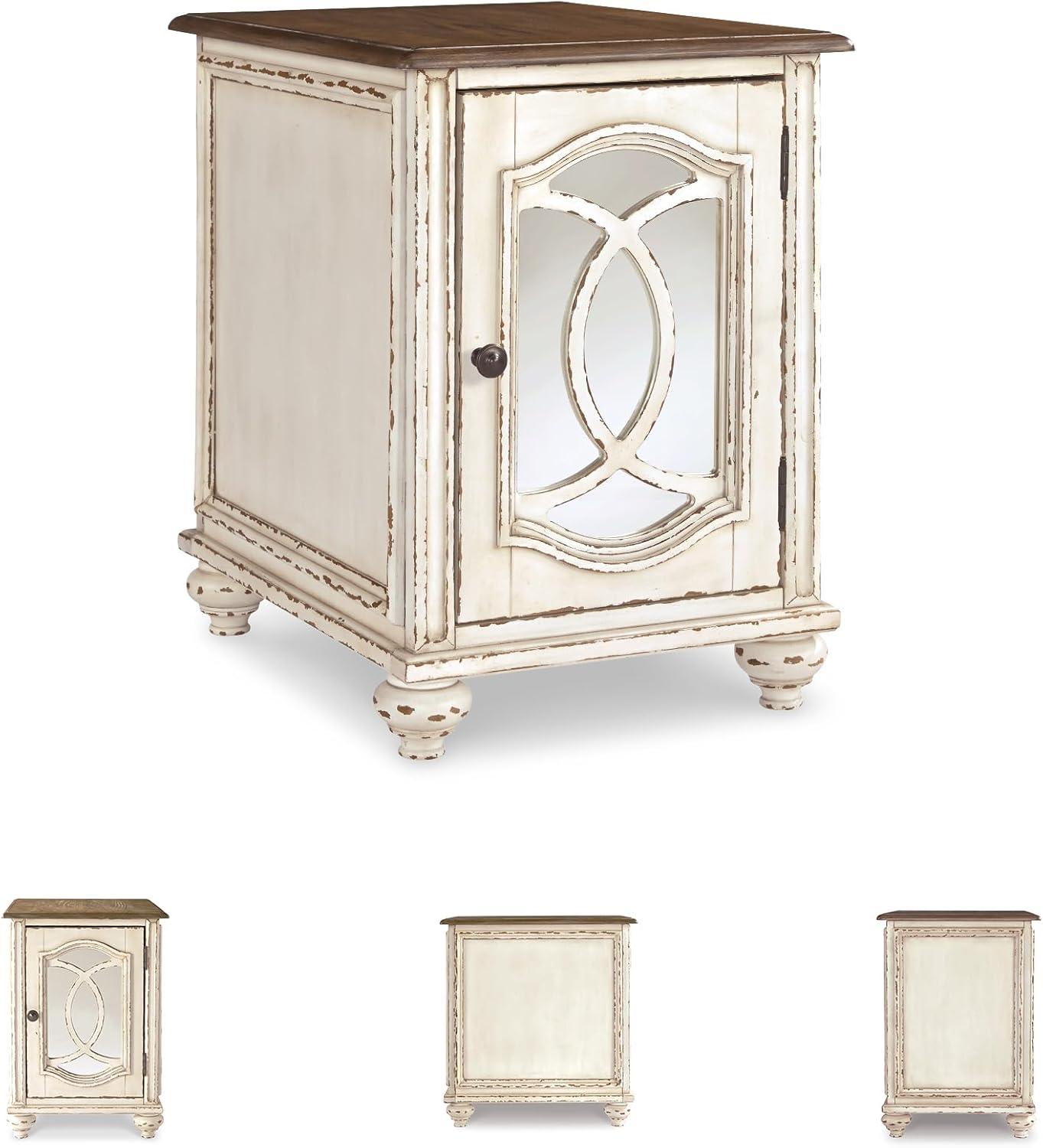 imageSignature Design by Ashley Realyn Farmhouse Chair Side End Table with Cabinet For Storage Antique White ampamp BrownMirror Front