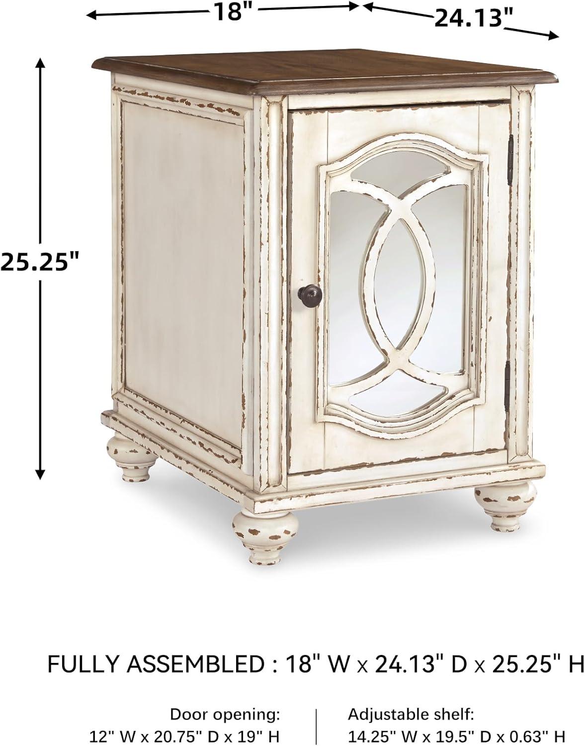 imageSignature Design by Ashley Realyn Farmhouse Chair Side End Table with Cabinet For Storage Antique White ampamp BrownMirror Front