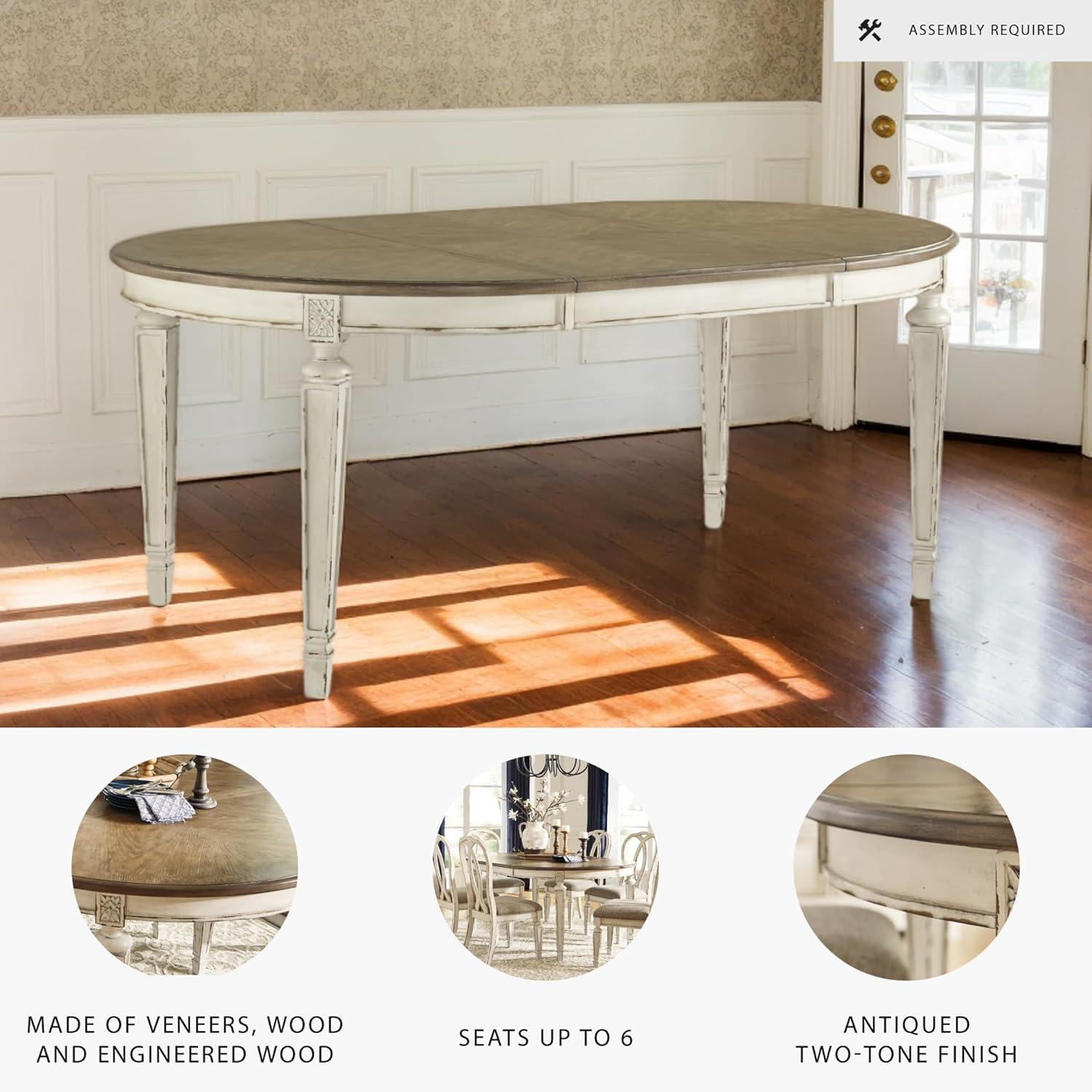 imageSignature Design by Ashley Realyn Oval Dining Room Extension Table Seats 6 Antiqued 2tone Finish Wood Distressed White