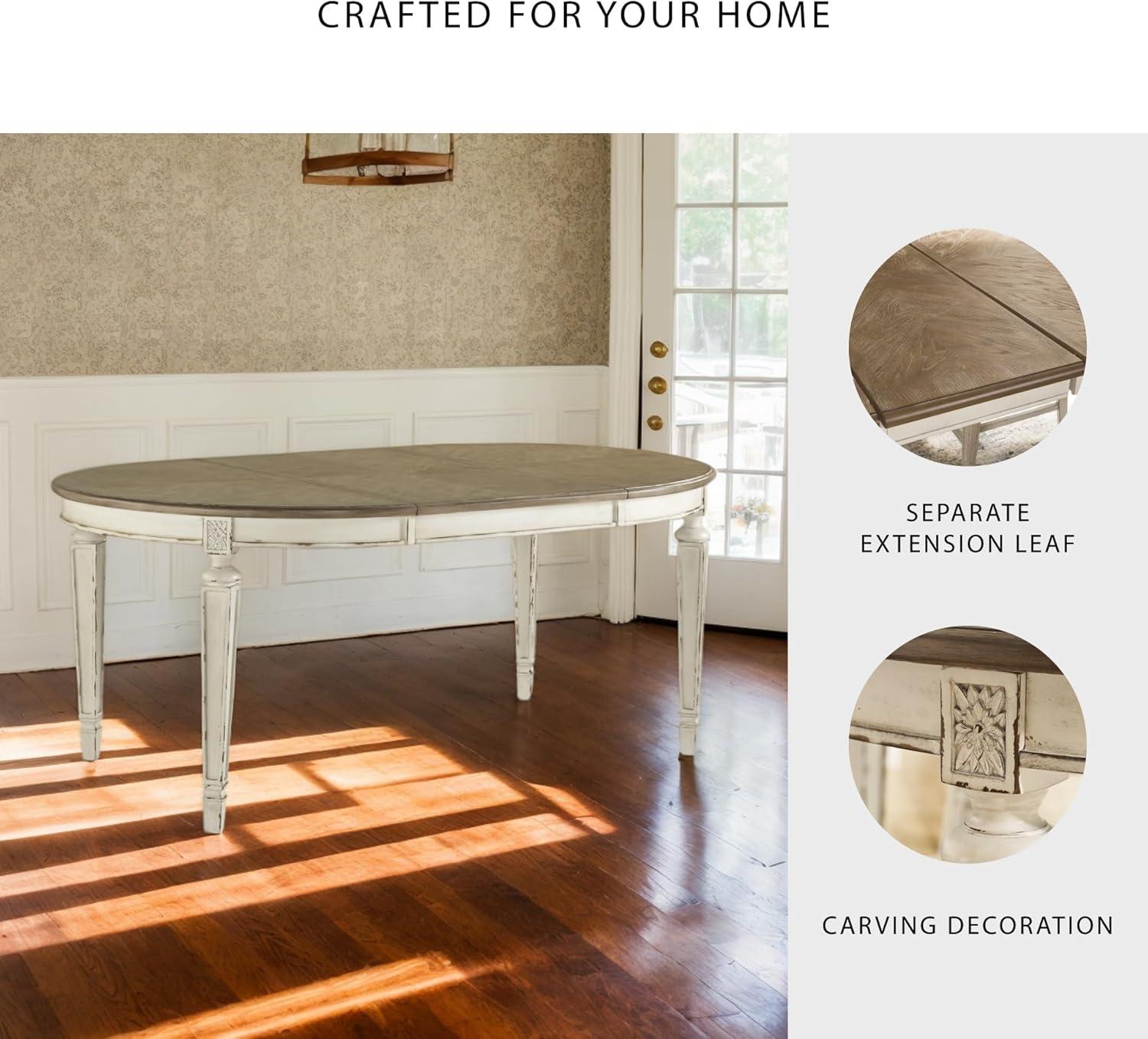 imageSignature Design by Ashley Realyn Oval Dining Room Extension Table Seats 6 Antiqued 2tone Finish Wood Distressed White