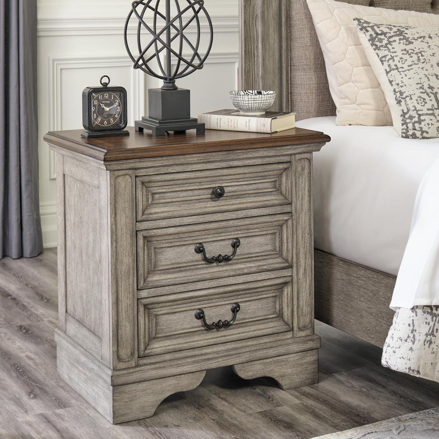 imageSignature Design by Ashley Realyn Traditional Cottage 1 Drawer Nightstand with Dovetail Construction ampamp Open Display Shelf Chipped White 27quot Tall Distressed BrownAntique Gray