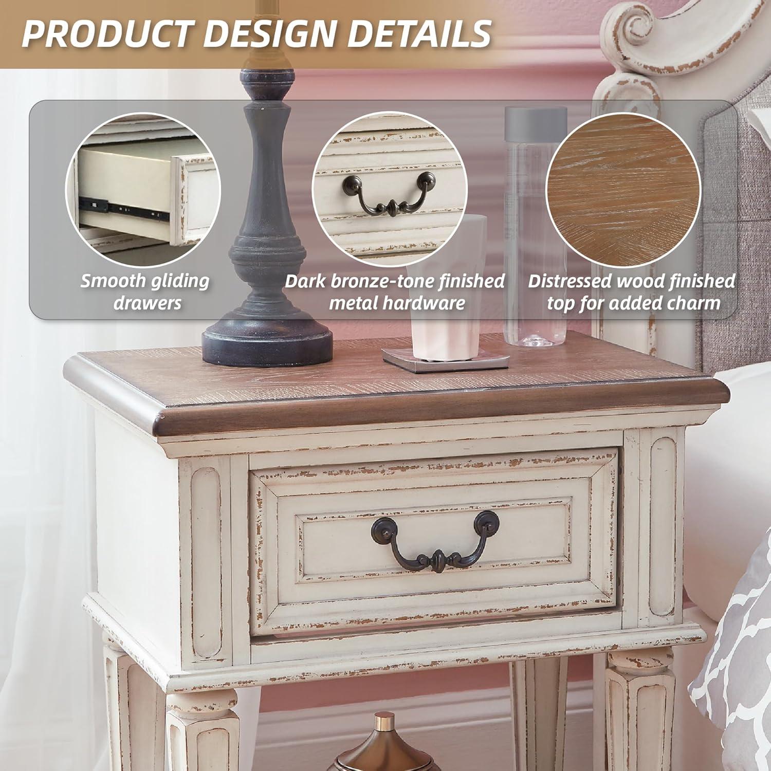 imageSignature Design by Ashley Realyn Traditional Cottage 1 Drawer Nightstand with Dovetail Construction ampamp Open Display Shelf Chipped White 27quot Tall Distressed BrownChipped White
