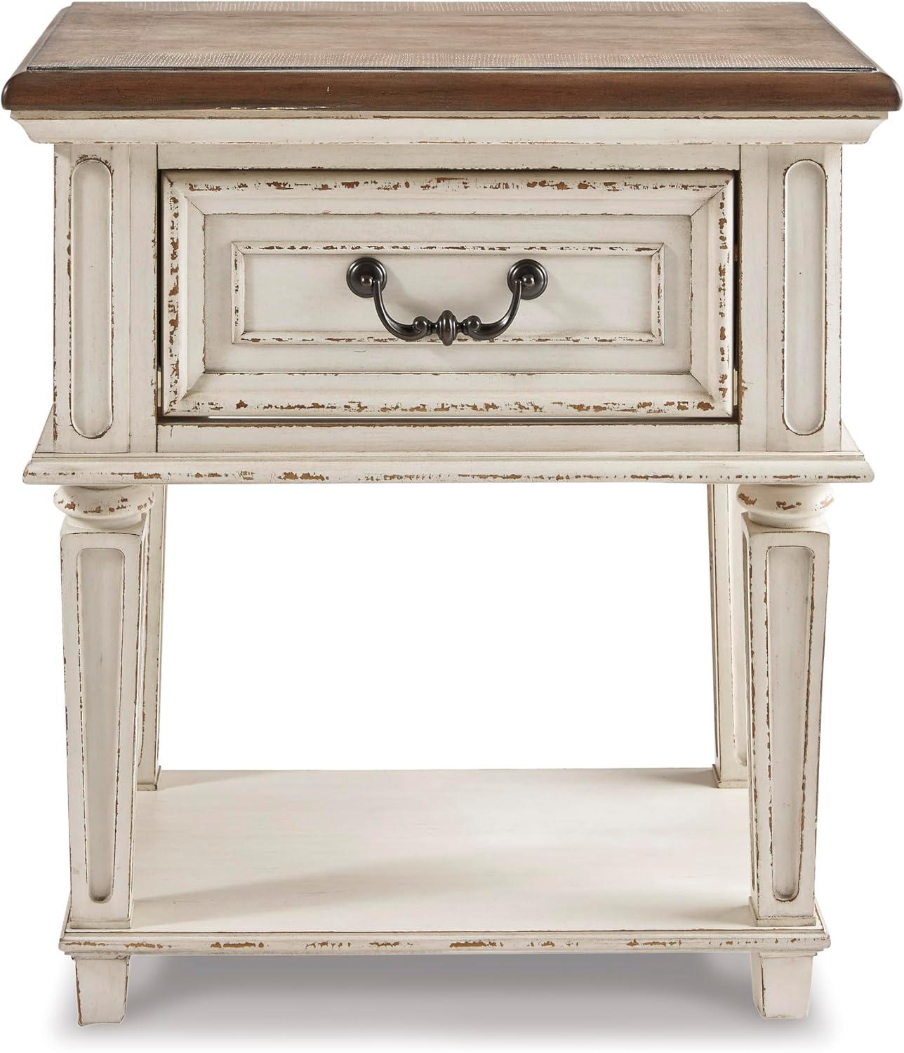 imageSignature Design by Ashley Realyn Traditional Cottage 1 Drawer Nightstand with Dovetail Construction ampamp Open Display Shelf Chipped White 27quot Tall Distressed BrownChipped White