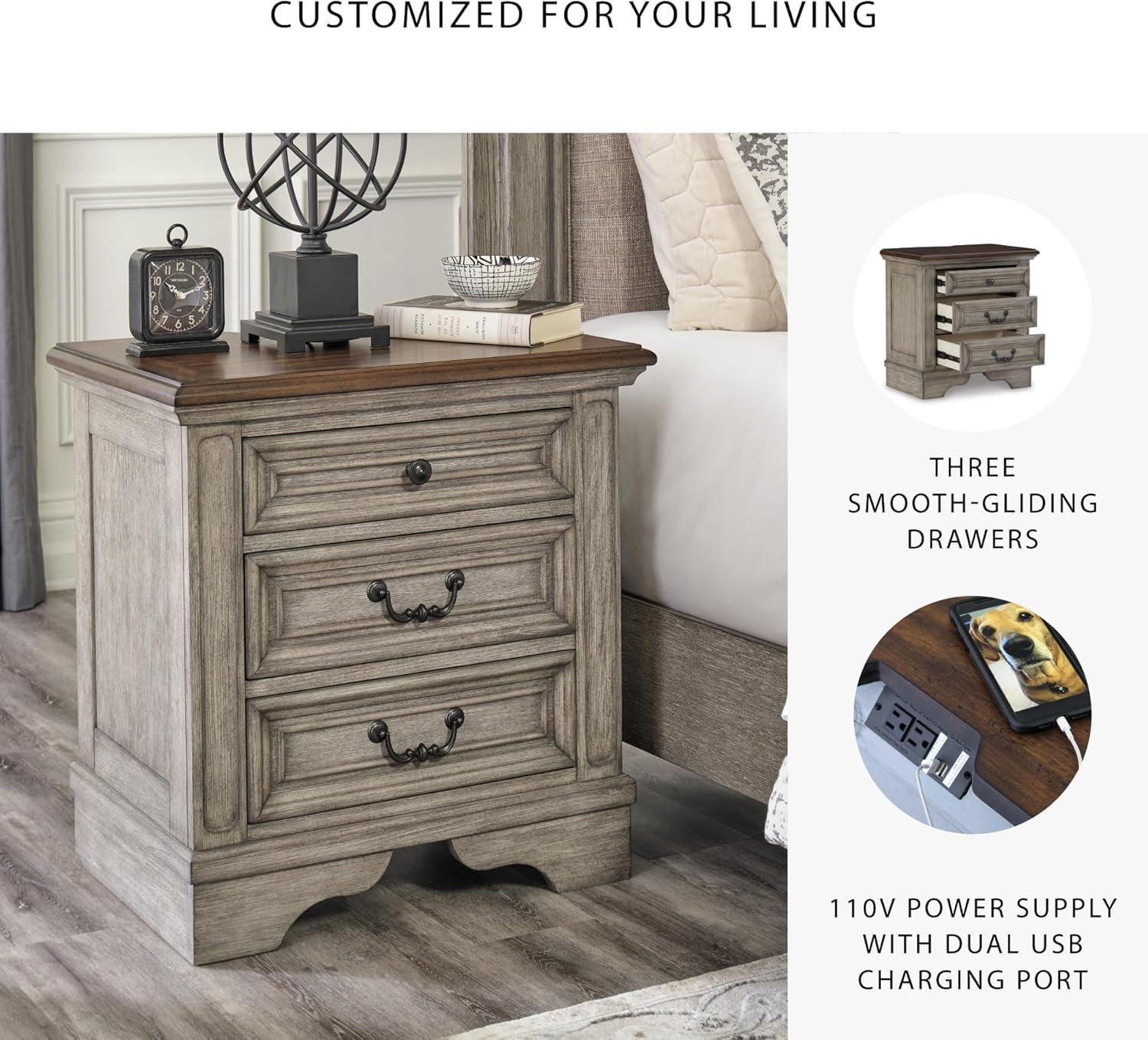 imageSignature Design by Ashley Realyn Traditional Cottage 1 Drawer Nightstand with Dovetail Construction ampamp Open Display Shelf Chipped White 27quot Tall Distressed BrownAntique Gray
