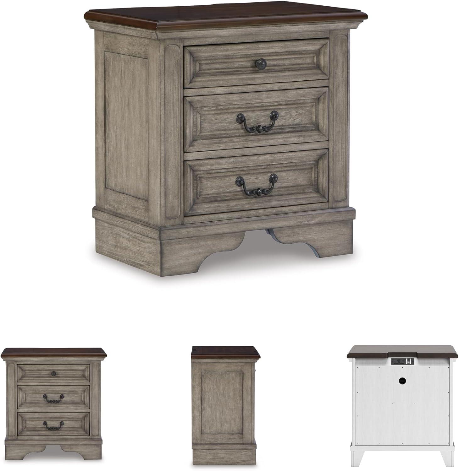 imageSignature Design by Ashley Realyn Traditional Cottage 1 Drawer Nightstand with Dovetail Construction ampamp Open Display Shelf Chipped White 27quot Tall Distressed BrownAntique Gray