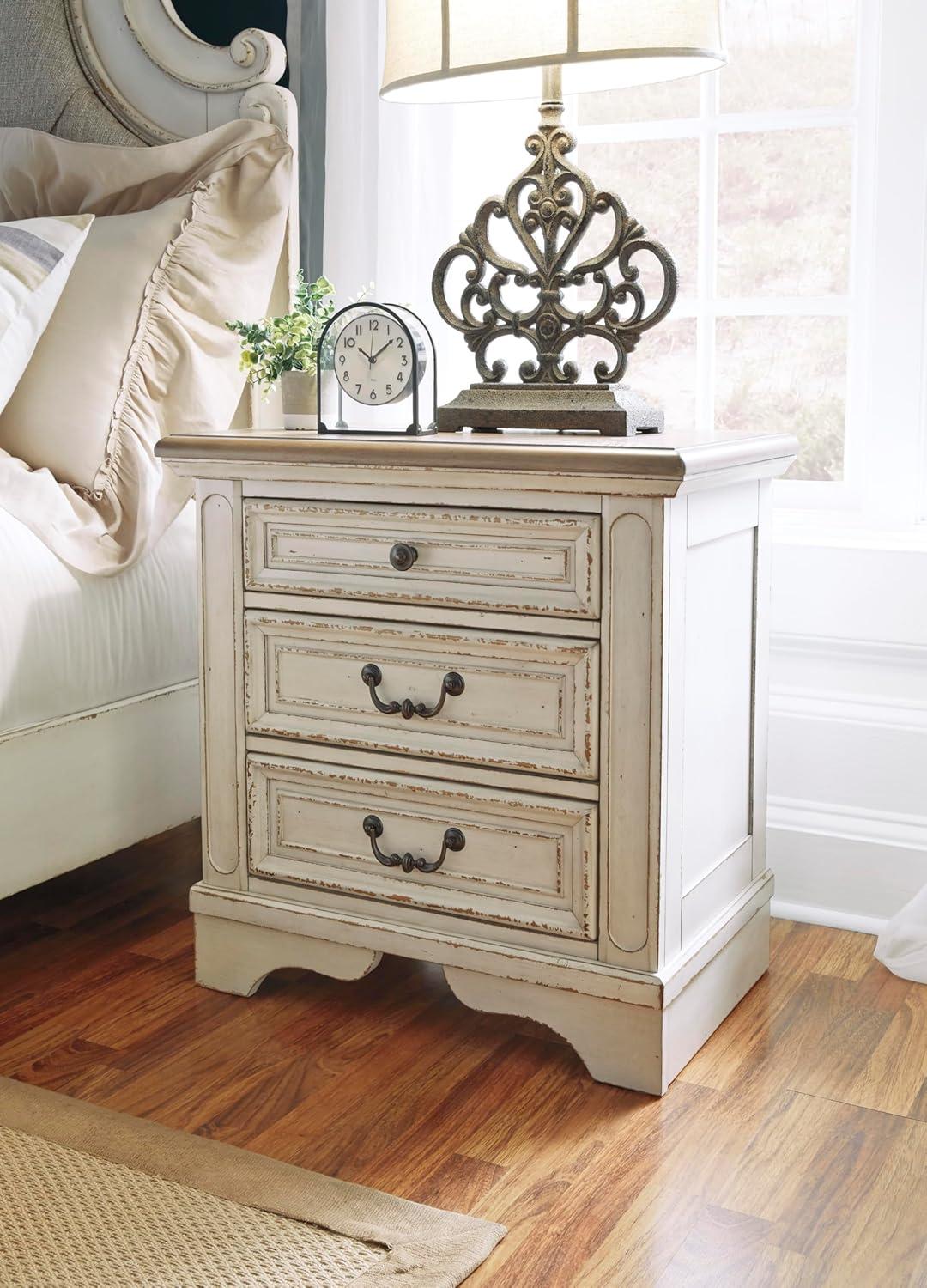 imageSignature Design by Ashley Realyn Traditional Cottage 1 Drawer Nightstand with Dovetail Construction ampamp Open Display Shelf Chipped White 27quot Tall Distressed BrownChipped White