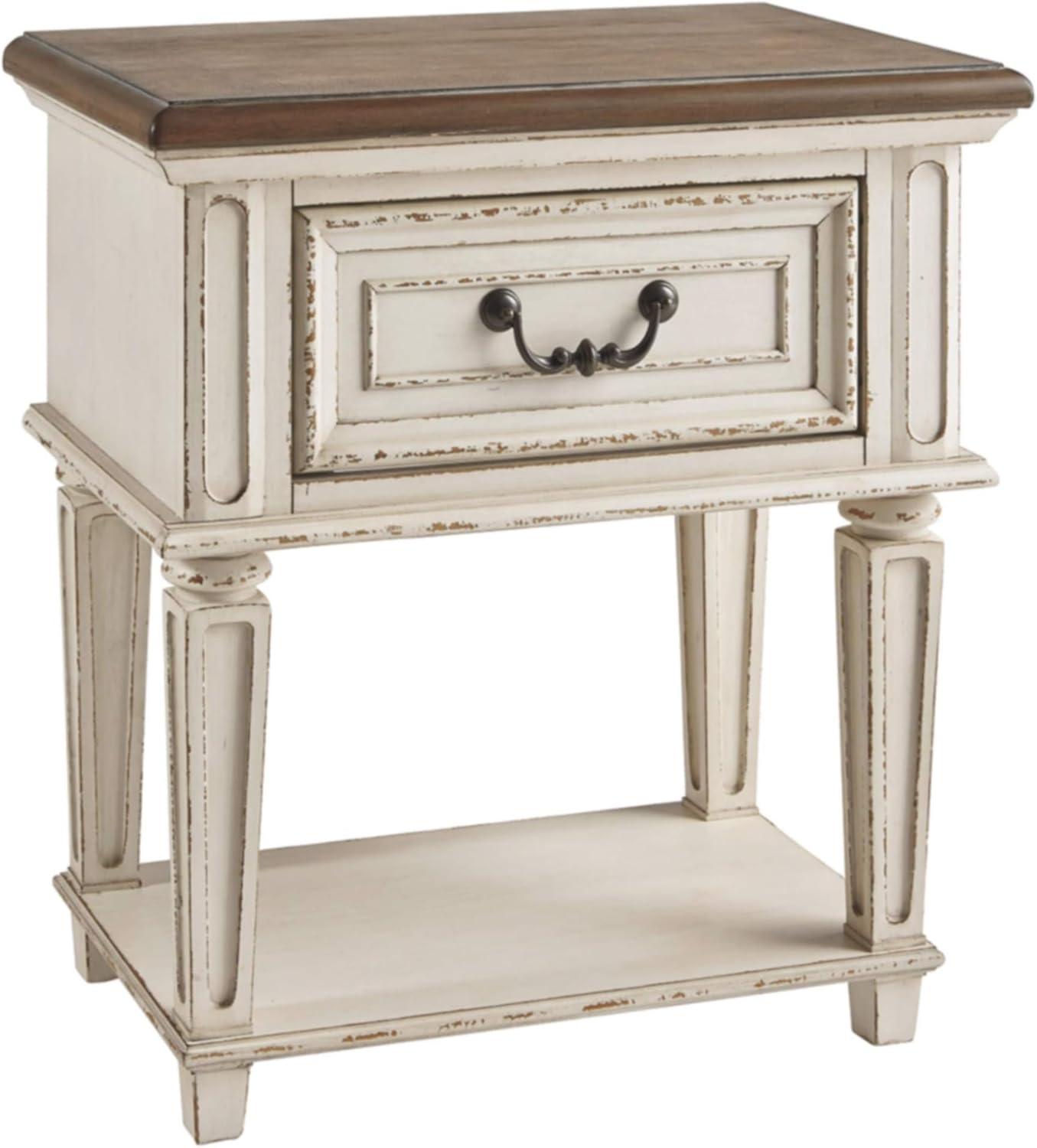 imageSignature Design by Ashley Realyn Traditional Cottage 1 Drawer Nightstand with Dovetail Construction ampamp Open Display Shelf Chipped White 27quot Tall Distressed BrownChipped White