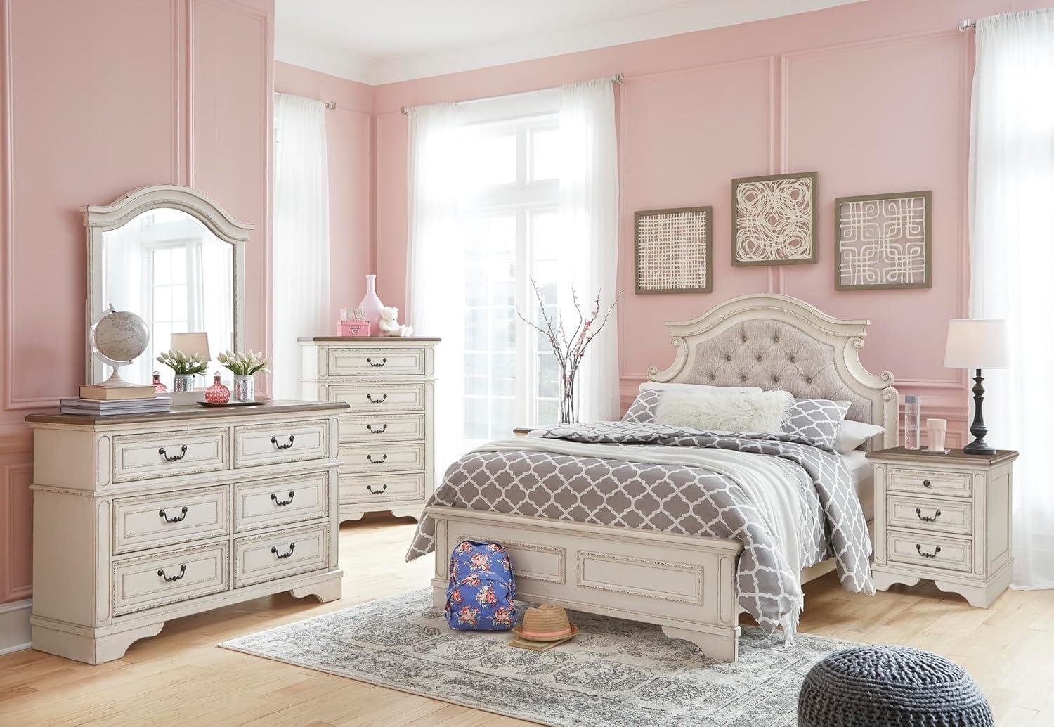 imageSignature Design by Ashley Realyn Traditional Cottage 1 Drawer Nightstand with Dovetail Construction ampamp Open Display Shelf Chipped White 27quot Tall Distressed BrownChipped White