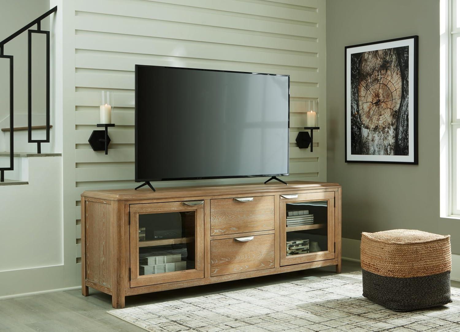 imageSignature Design by Ashley Rencott Contemporary 2Drawer 80quot TV Stand for TVs up to 91quot with Adjustable Shelves Cabinets Cord Openings Light Brown