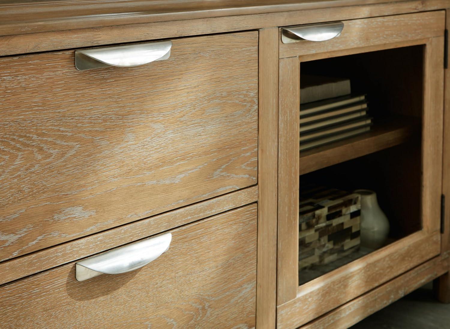 imageSignature Design by Ashley Rencott Contemporary 2Drawer 80quot TV Stand for TVs up to 91quot with Adjustable Shelves Cabinets Cord Openings Light Brown