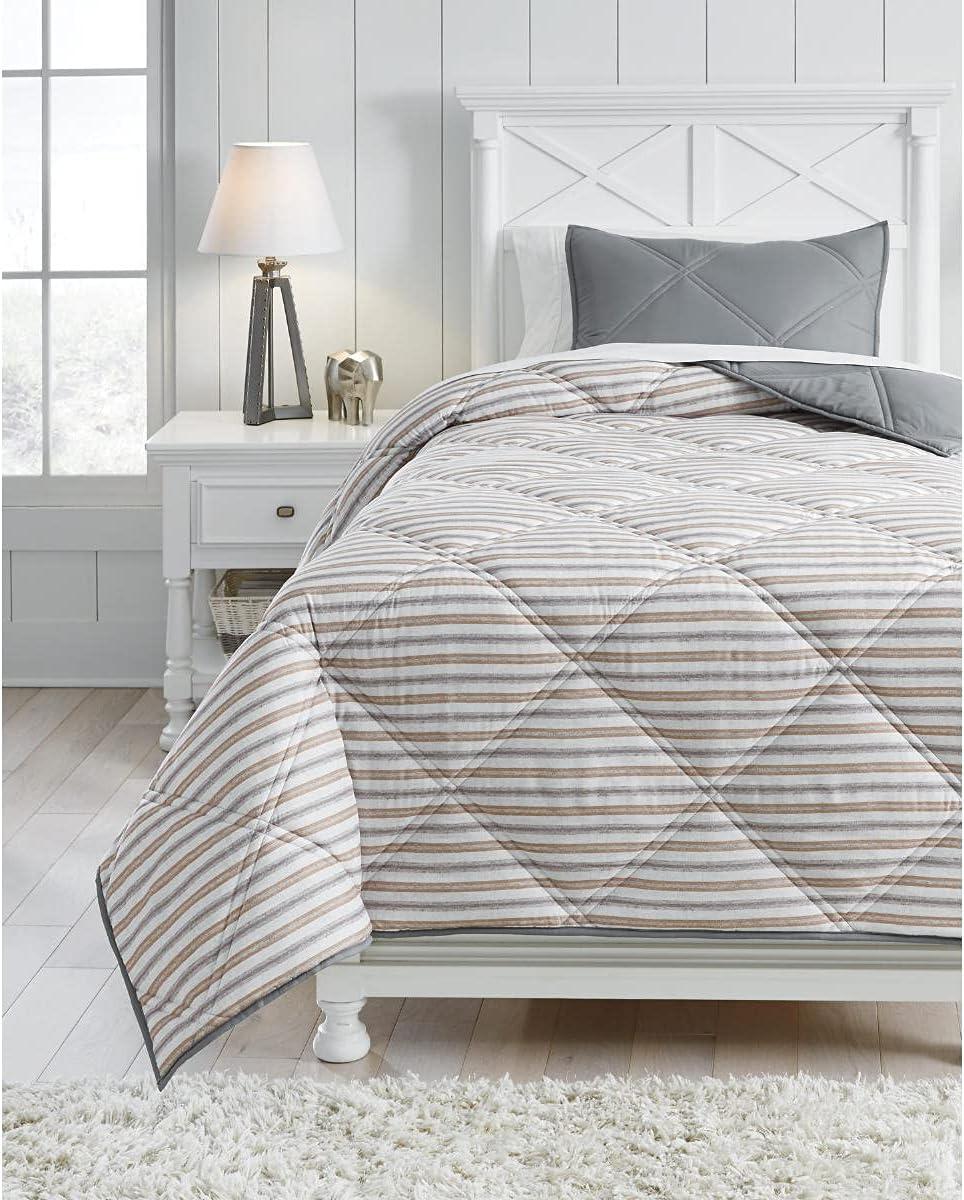 imageSignature Design by Ashley Rhey Contemporary Diamond Quilting ampamp Striped Design Reversible Twin Comforter with One Sham Set Gray Beige Brown