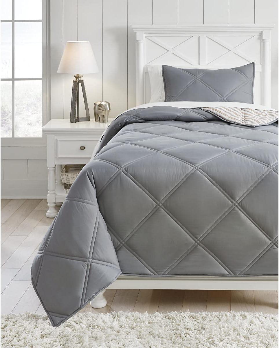 imageSignature Design by Ashley Rhey Contemporary Diamond Quilting ampamp Striped Design Reversible Twin Comforter with One Sham Set Gray Beige Brown